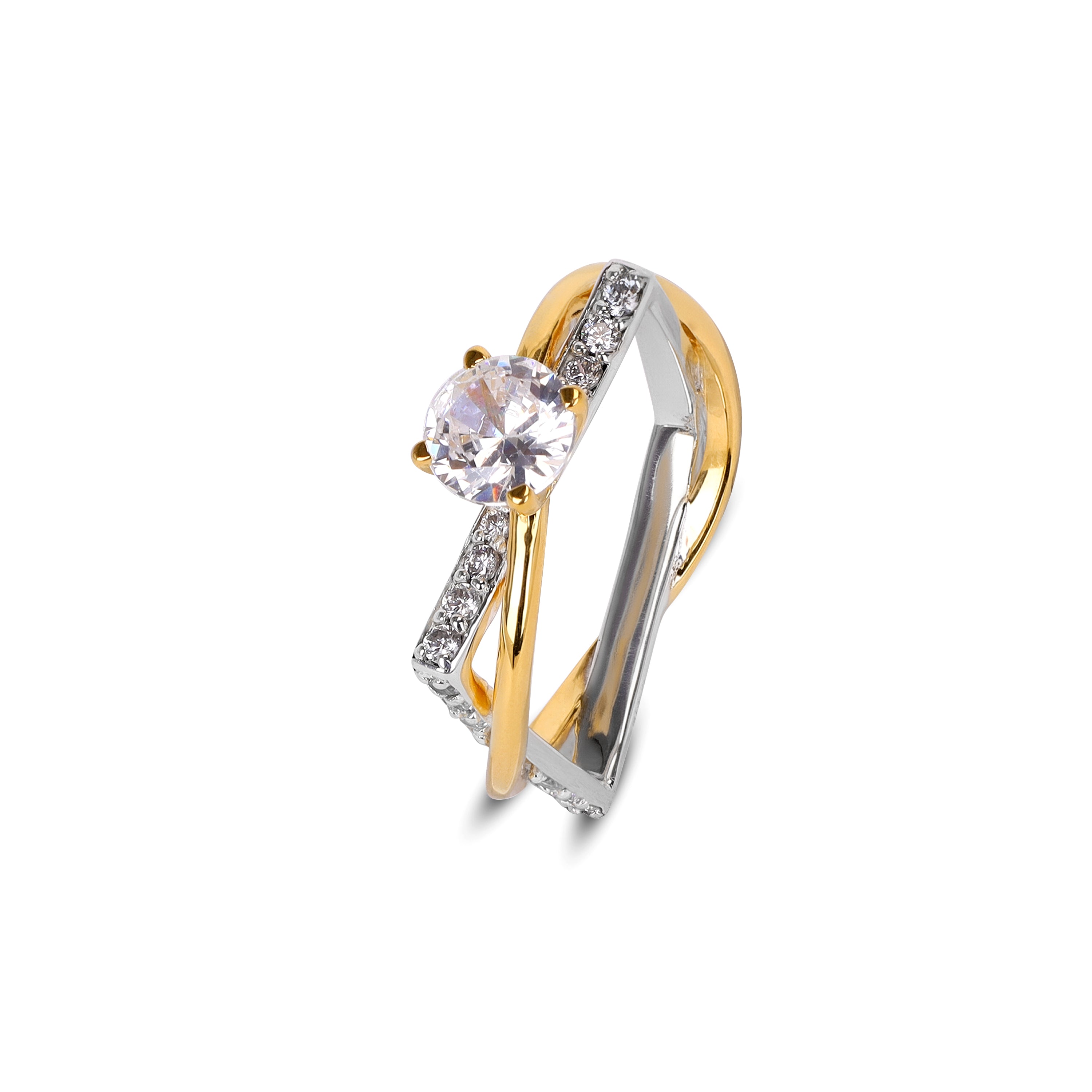 Two-tone gold ring with a clear gemstone on a white background