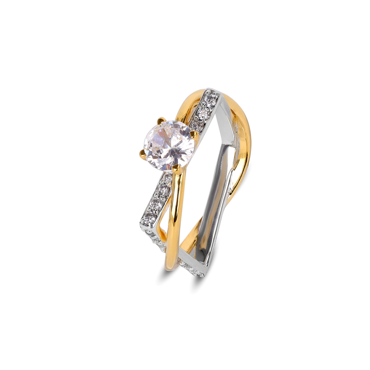 Two-tone gold ring with a clear gemstone on a white background