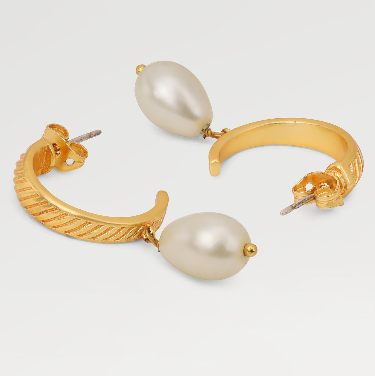 Yellow Gold Plated Drop 3/4 Embosed  Hoop Earring with Drop Syn. White Pearl