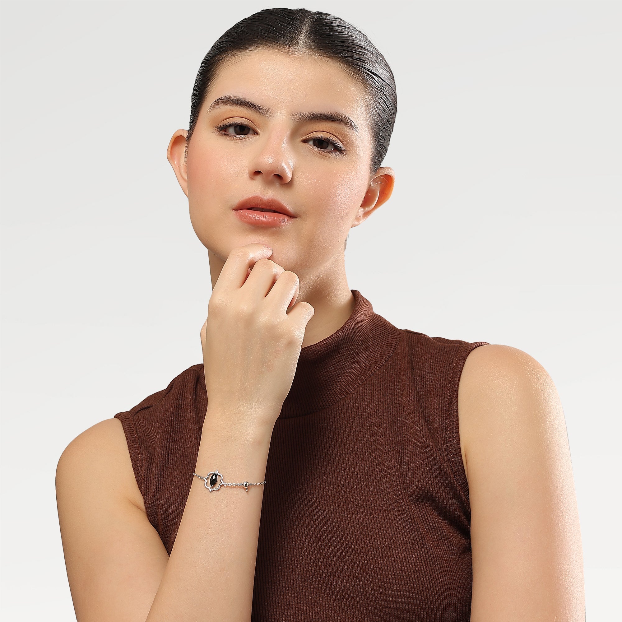 Ella Rhodium Plated Collet Obsidian Stone Bracelet