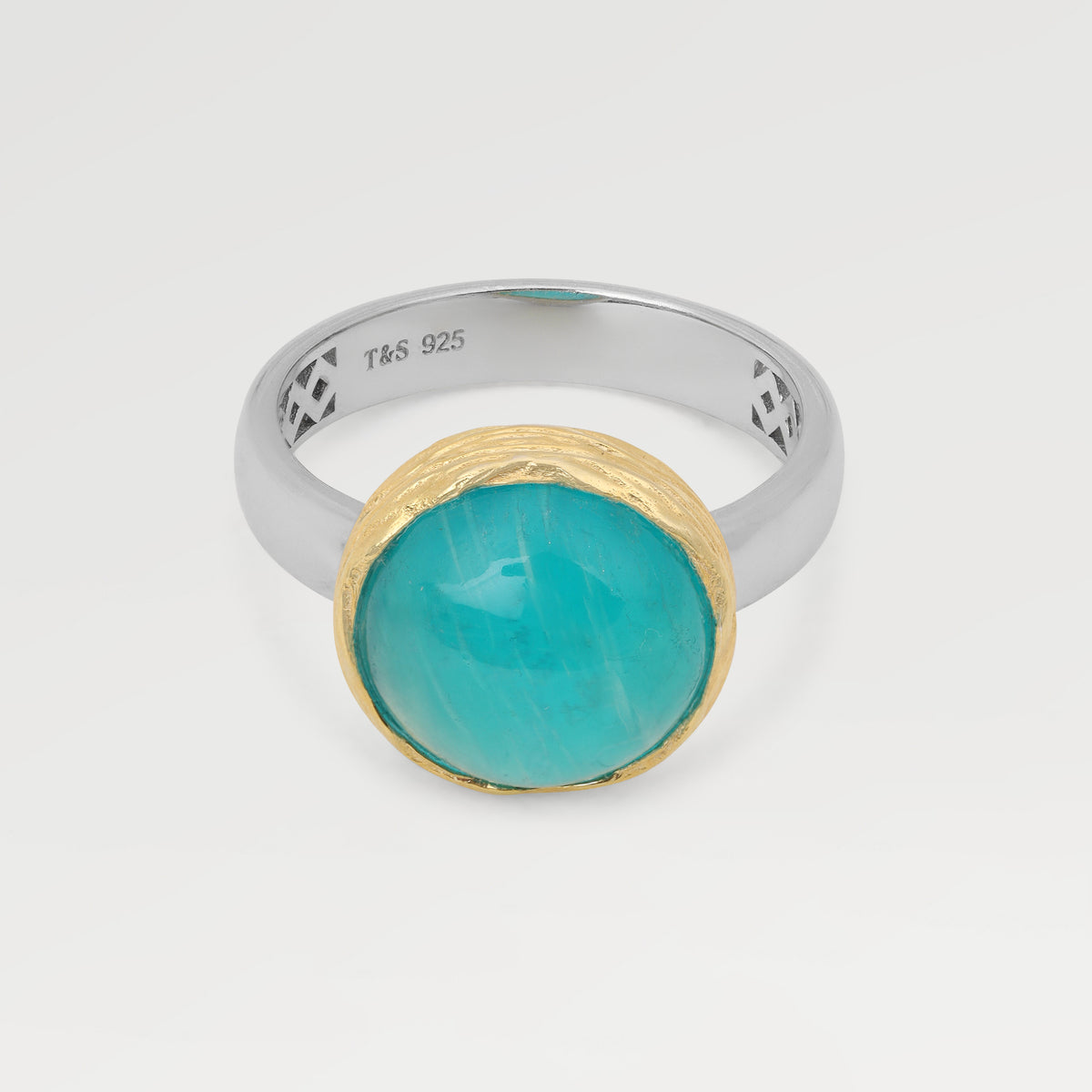 Two Tone Plating- Collet Yellow Gold Plated & Rest Rhodium Bazel Texture Ring with Round Jelly Amazzonite
