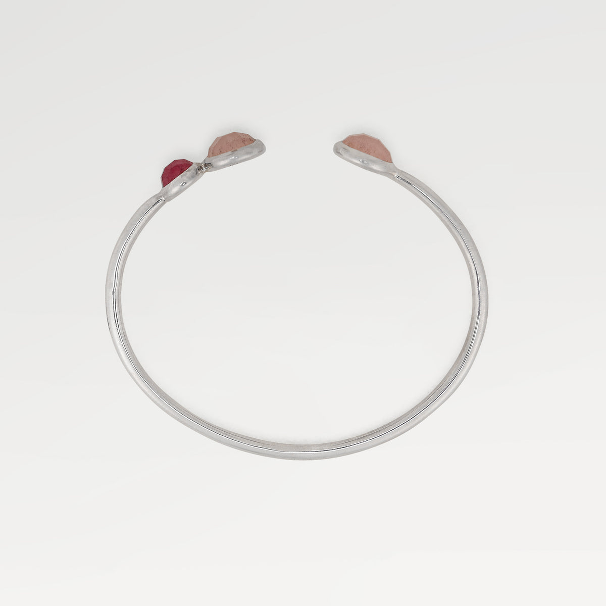 High Polish Bazel Set Cuff Bangles with One Side Checker Cut Round  Rose C. Qtz. Pink C. Qtz.