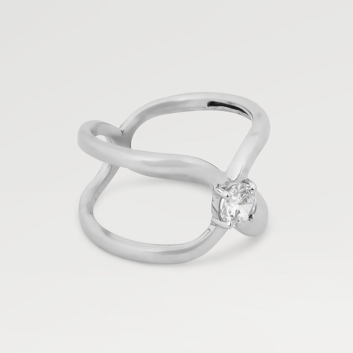 Rhodium Plated Prong Set Double Shank Ring with  Round Cut White Cubic Zirconia