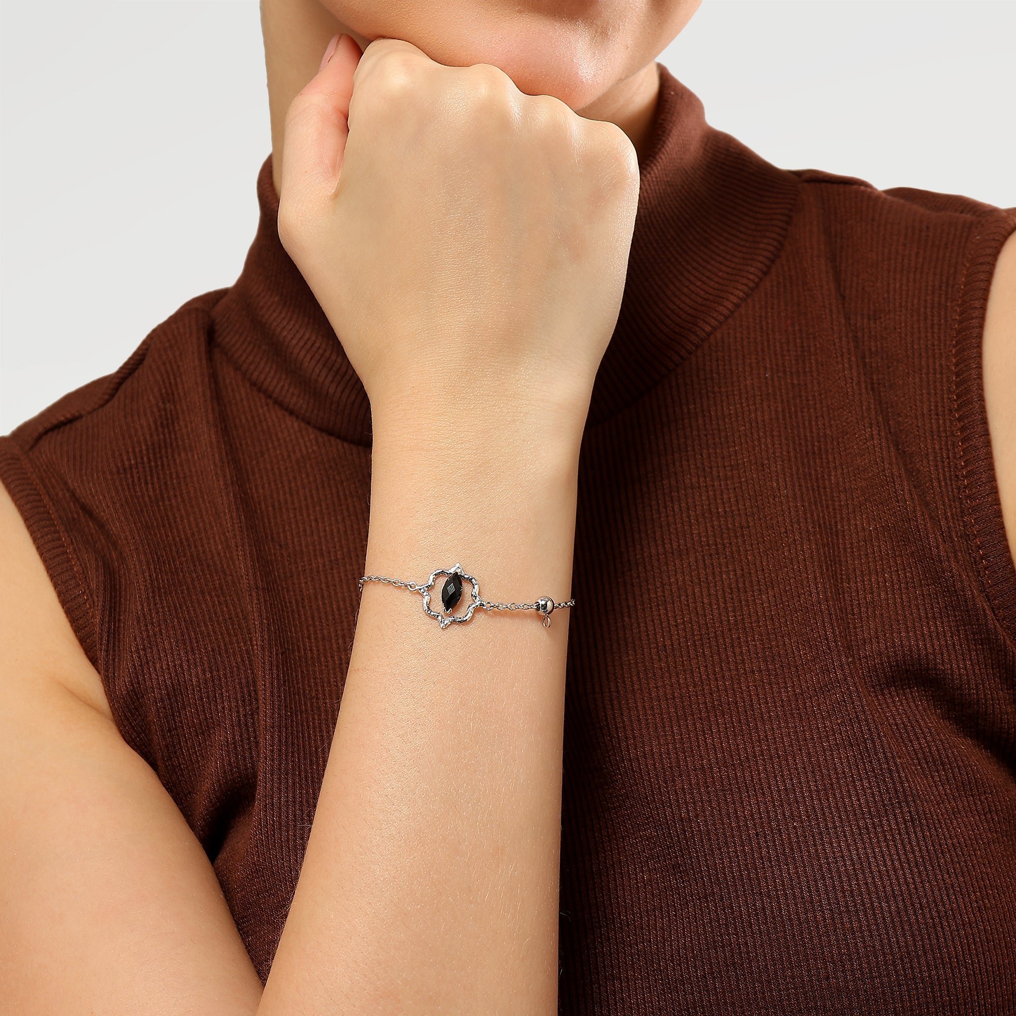 Ella Rhodium Plated Collet Obsidian Stone Bracelet