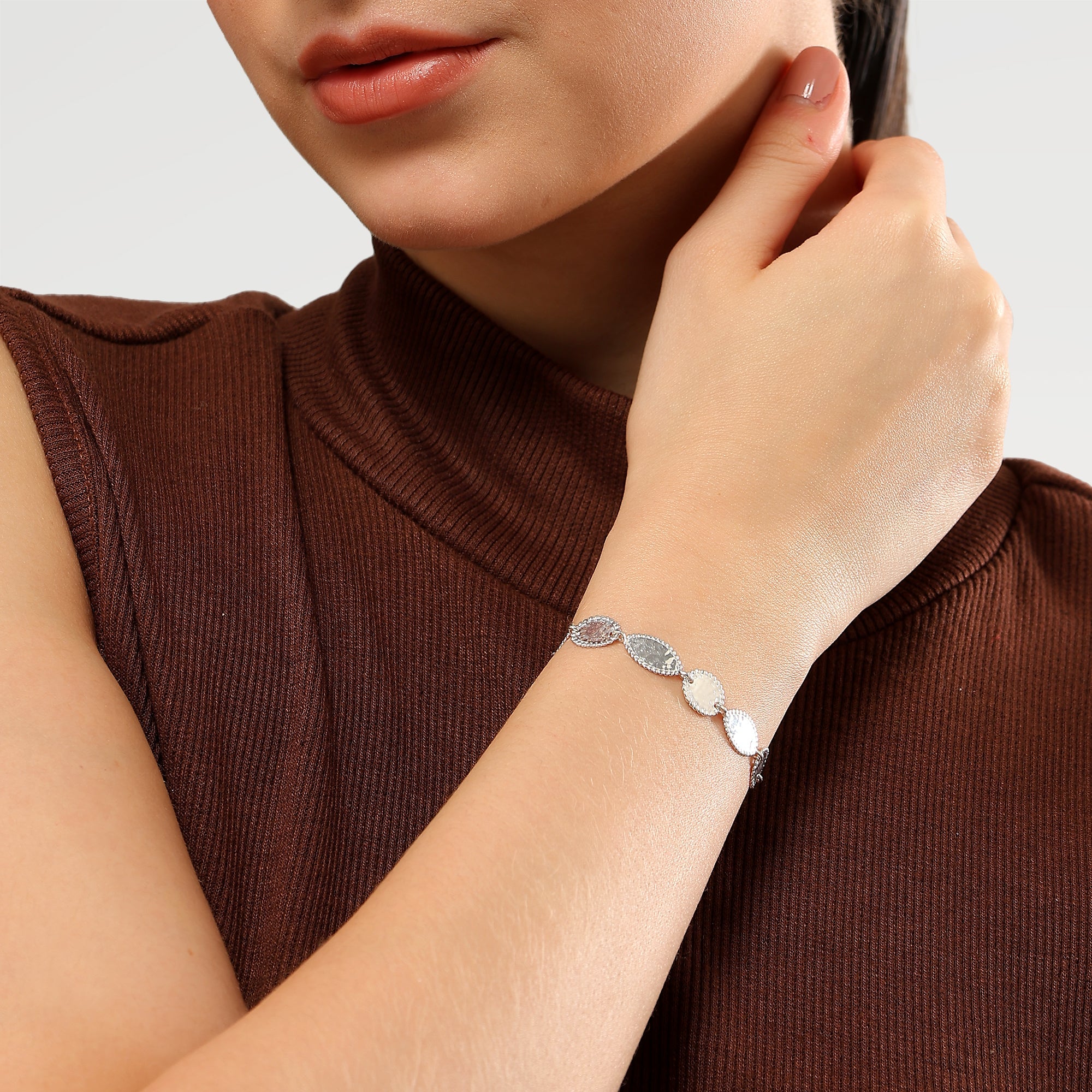 Emma Silver Hammered Oval Marquise Bracelet