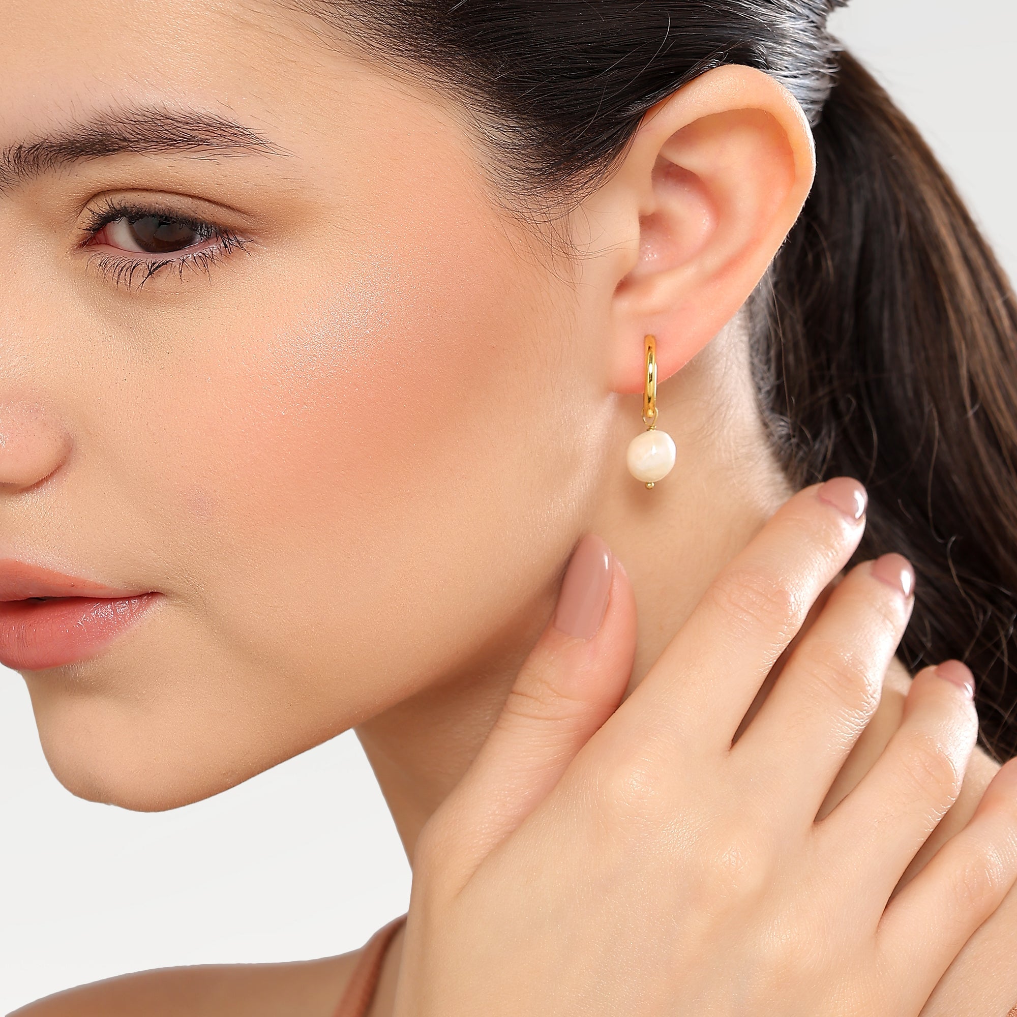 Ava Drop Hoop Earrings with Pearl Beads