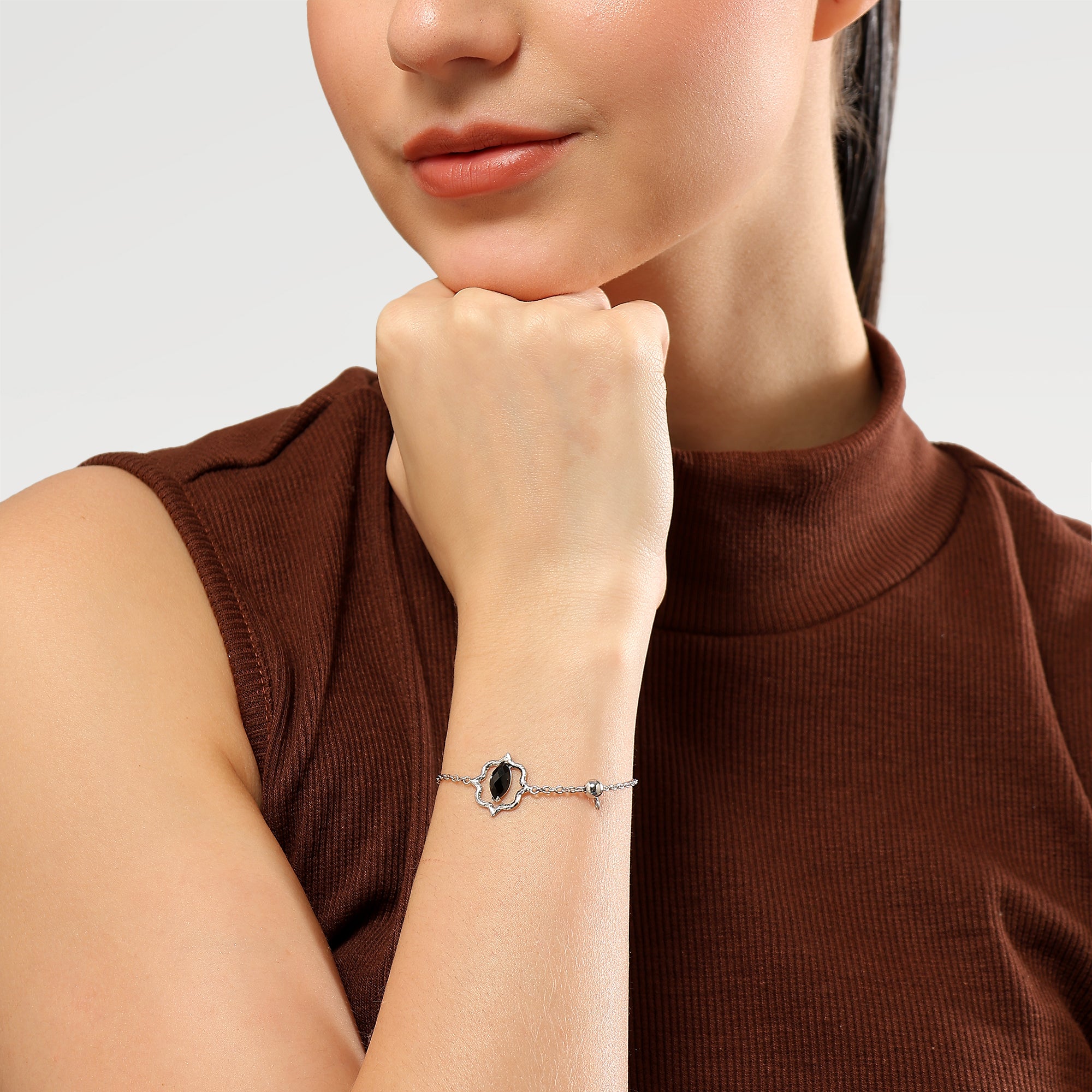 Rhodium Plated Collet Single Stone Bracelets with One Side Checker Cut Marquise Black Obsidian