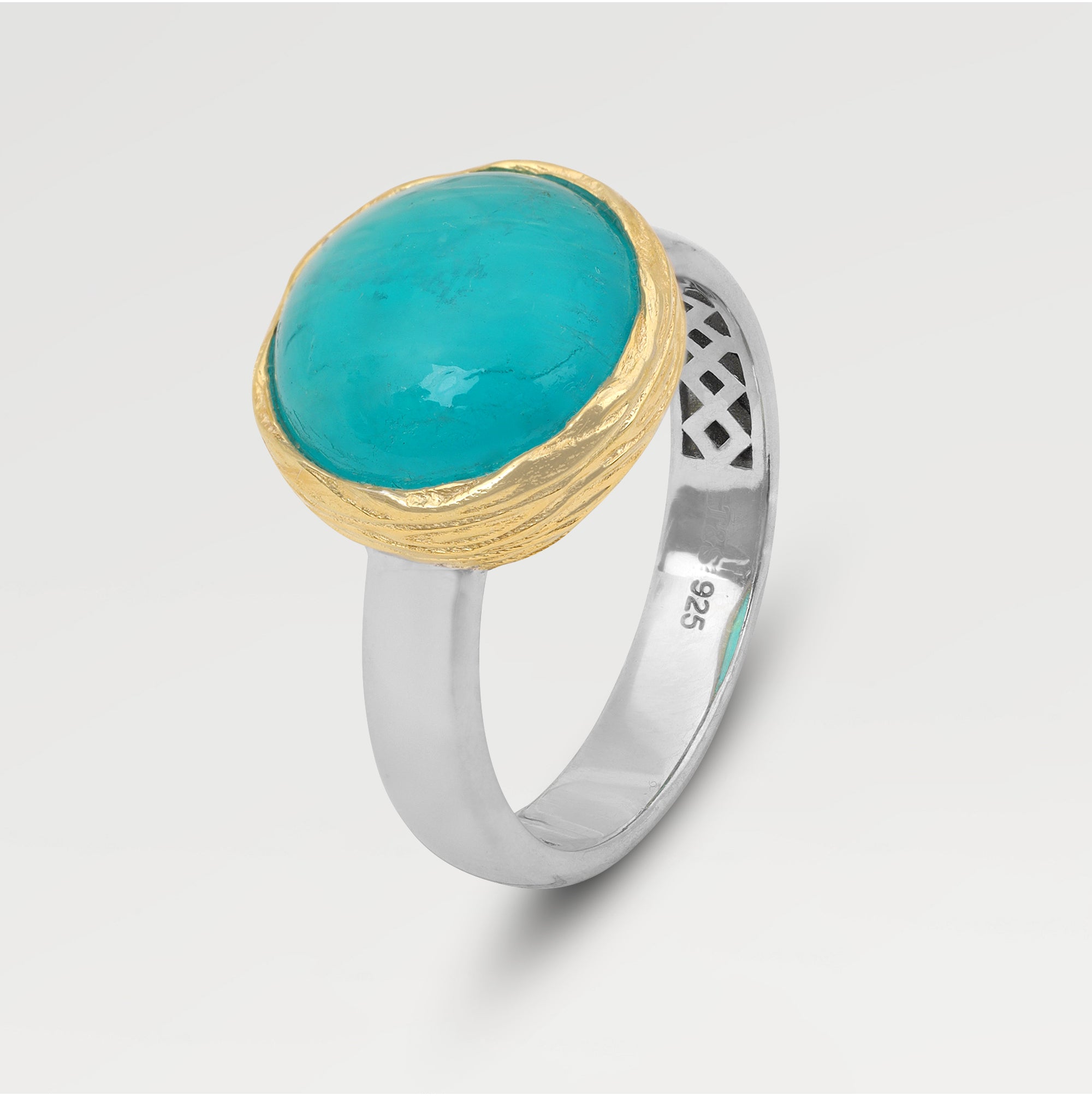 Two Tone Plating- Collet Yellow Gold Plated & Rest Rhodium Bazel Texture Ring with Round Jelly Amazzonite