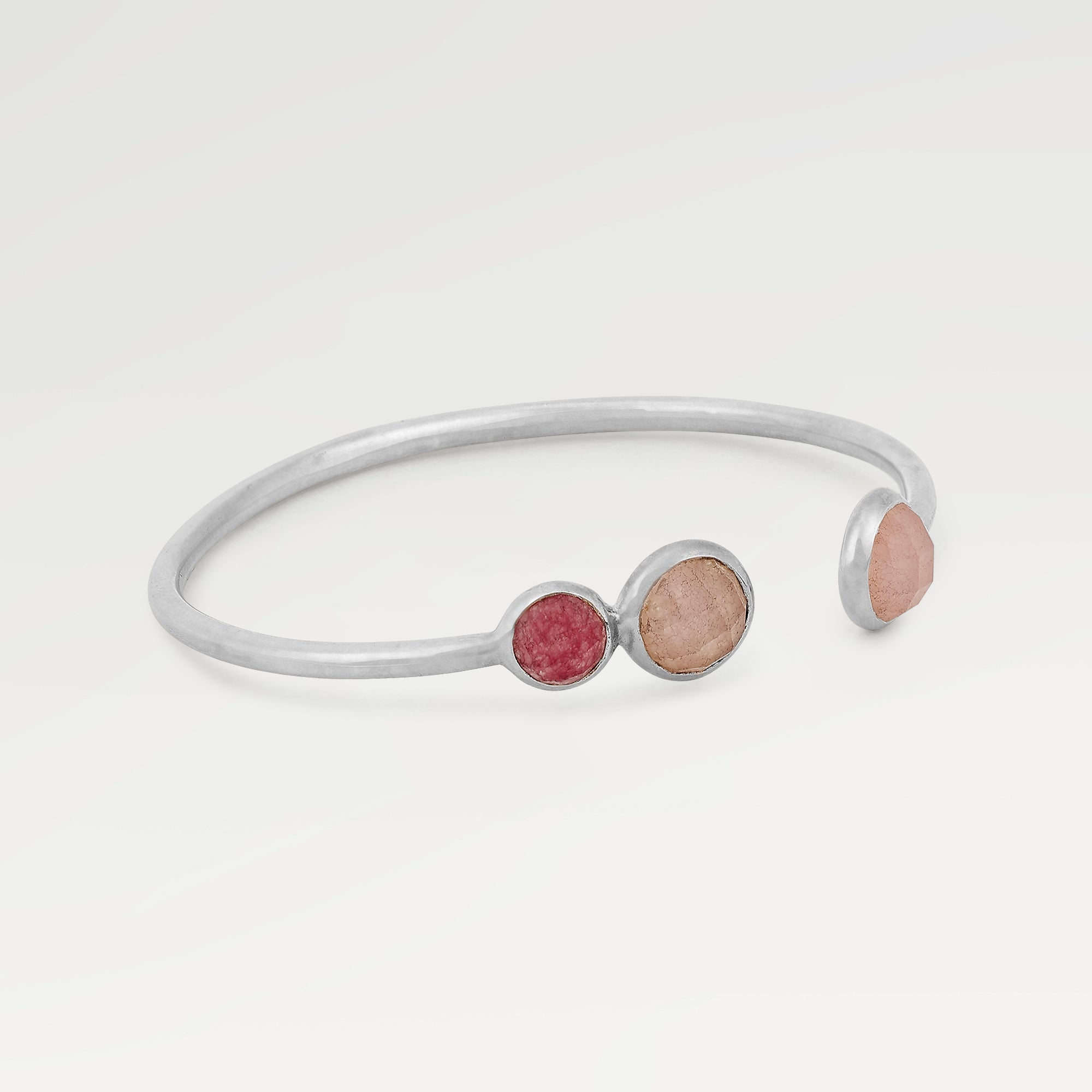 High Polish Bazel Set Cuff Bangles with One Side Checker Cut Round  Rose C. Qtz. Pink C. Qtz.