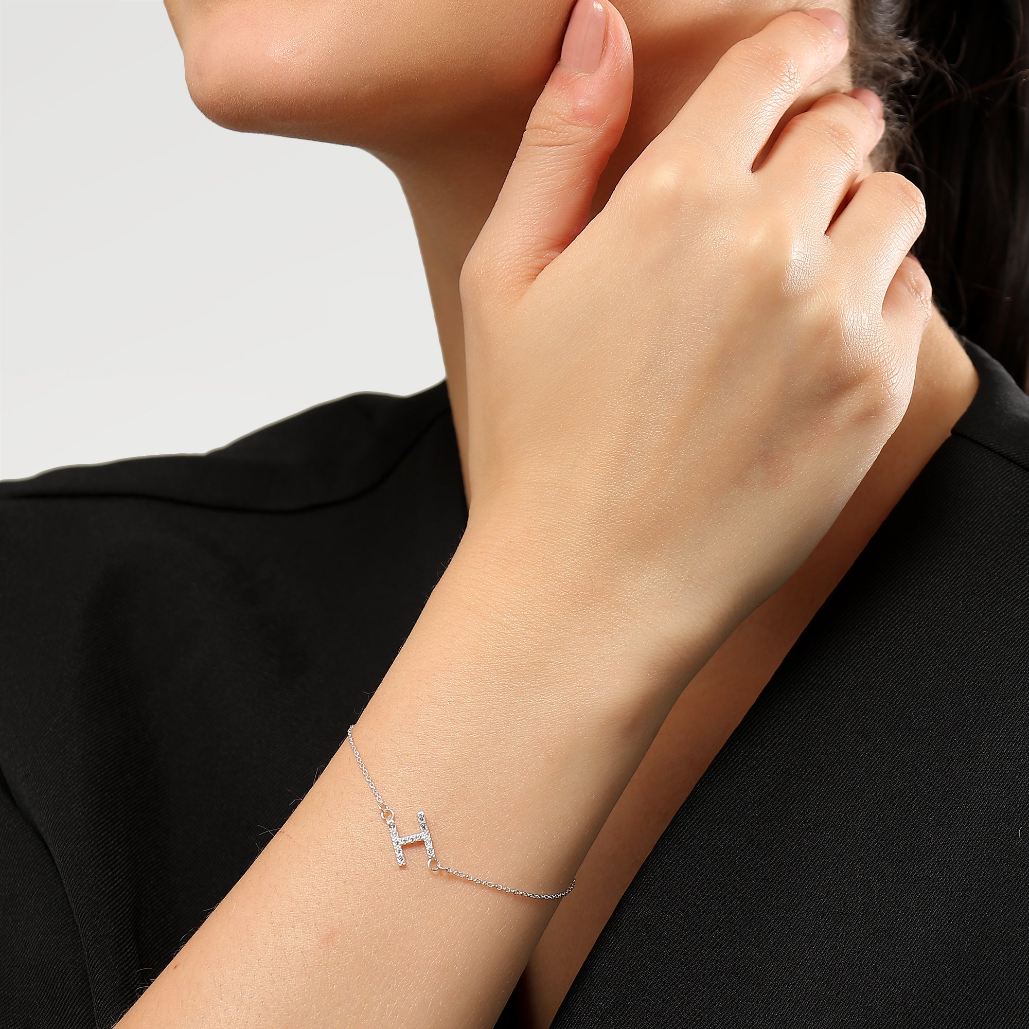 Silver Plated+ Ecoating Pave Alphabet Bracelets with Round White Cubic Zirconia