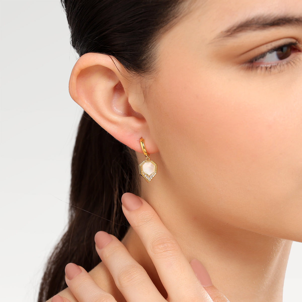June Pave Shell Zirconia Huggies Earrings