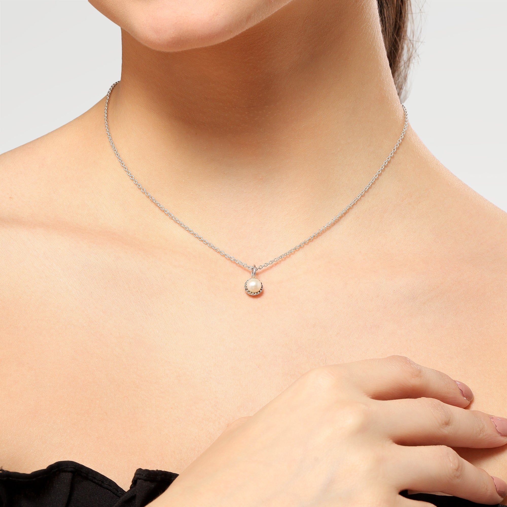 Silver Plated Slider Collet Pendant With Chain with  Round Beads Plain Half Drill Pearl