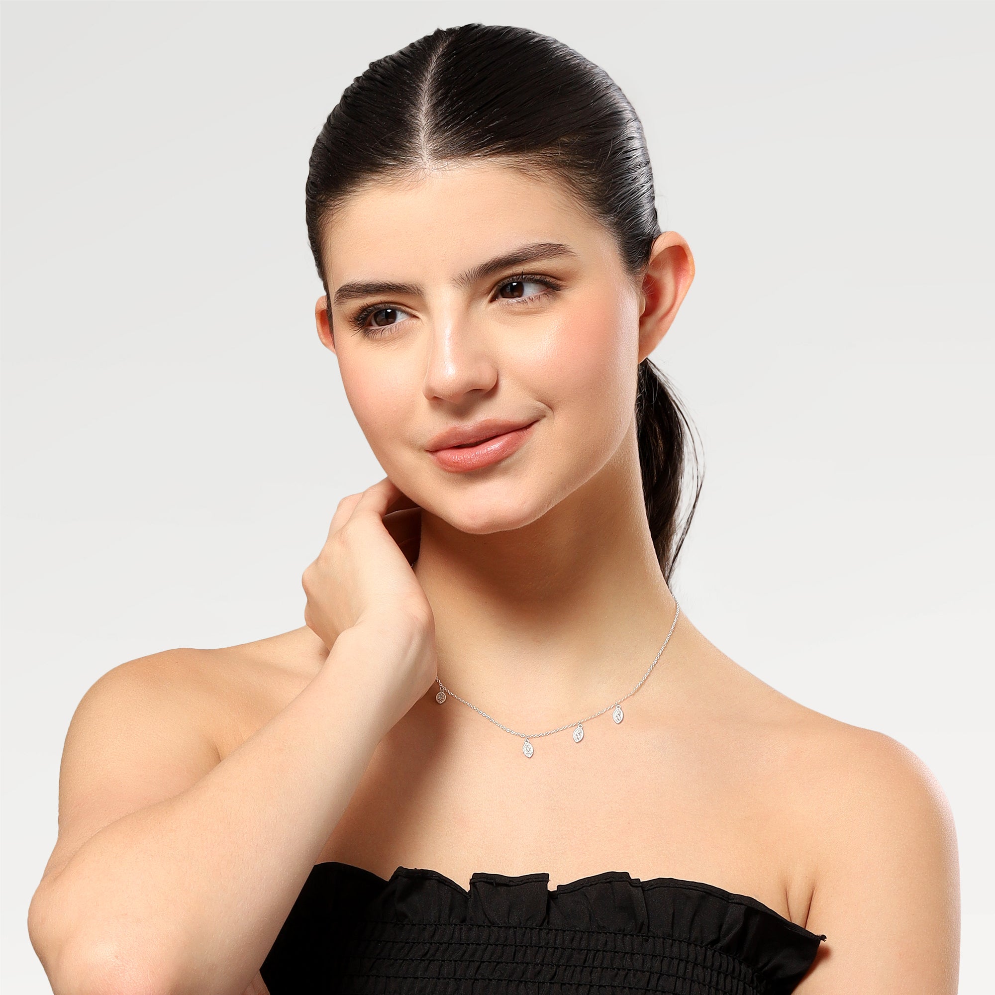 Silver Plated Pave Leaf Charm Necklace with  Round Cut White Cubic Zirconia