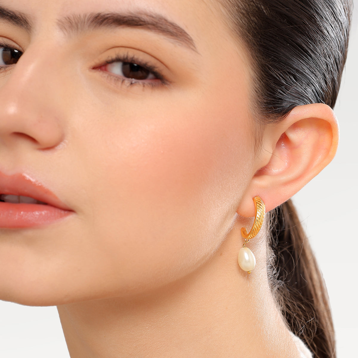 Mia Pearl Embossed C-Hoop Earrings