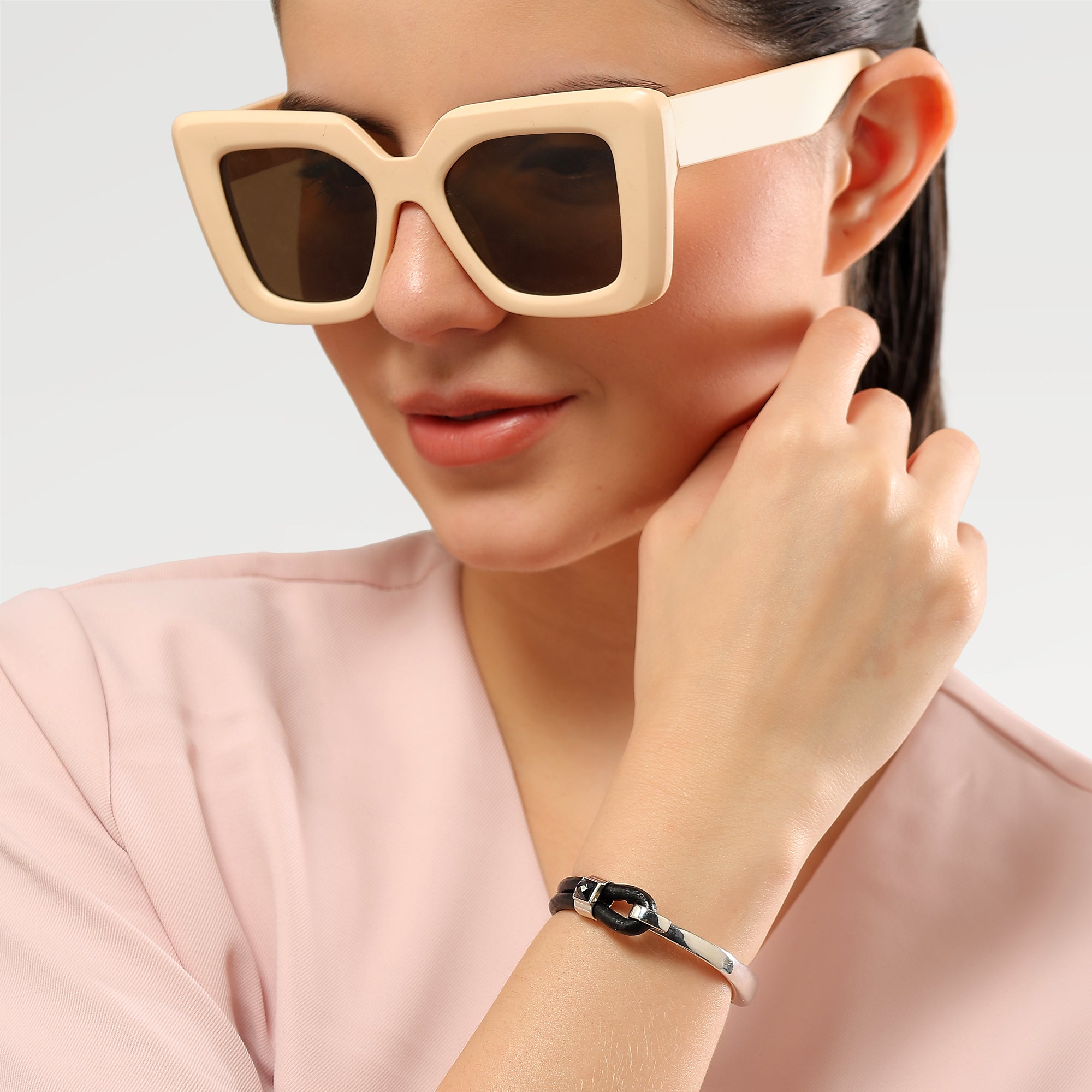 Plated Bazel Set Leather Double Line Bracelet with  Square One Side Checkerboard Cut Hematite