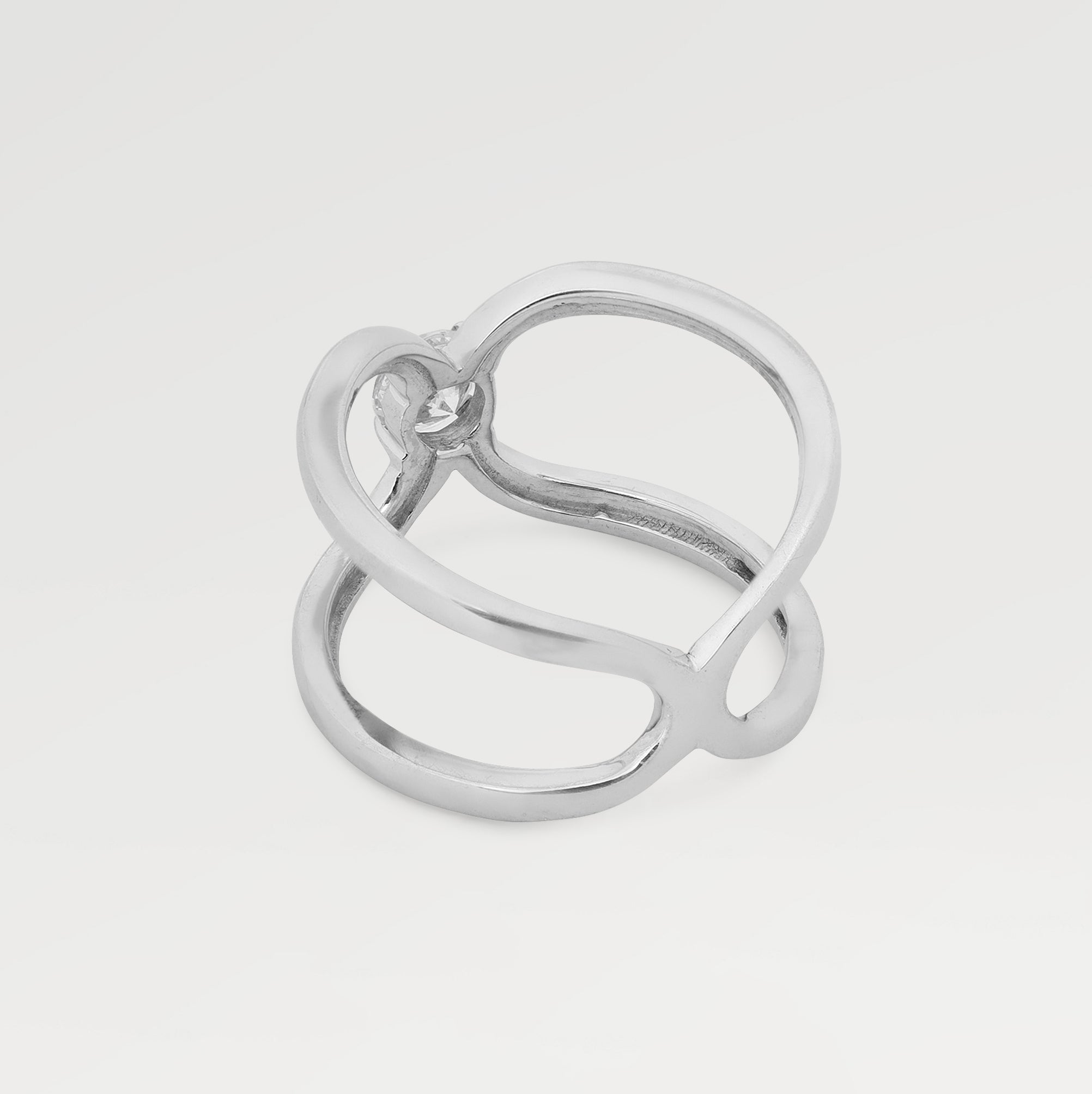 Rhodium Plated Prong Set Double Shank Ring with  Round Cut White Cubic Zirconia