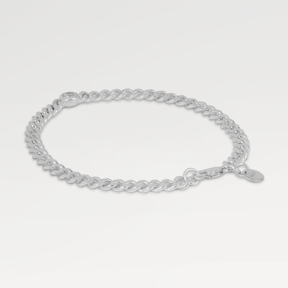 High Polish Bazel Curb Chain Bracelet with Cut Round White Cubic Zirconia