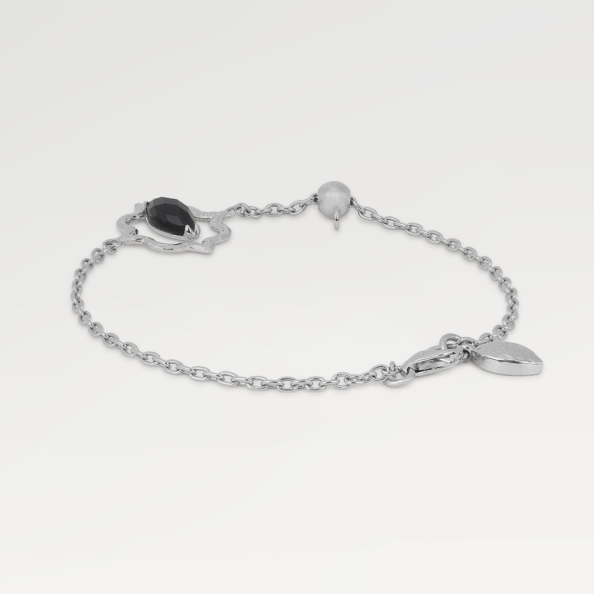 Rhodium Plated Collet Single Stone Bracelets with One Side Checker Cut Marquise Black Obsidian