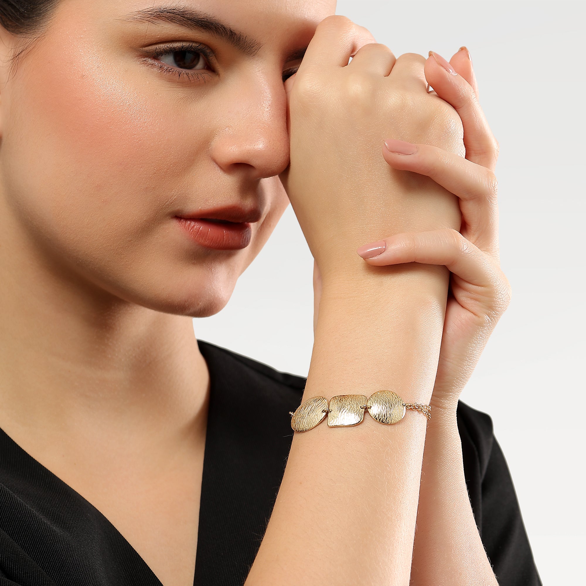 Yellow Gold Plated Plain Texture Double Chain Bracelets