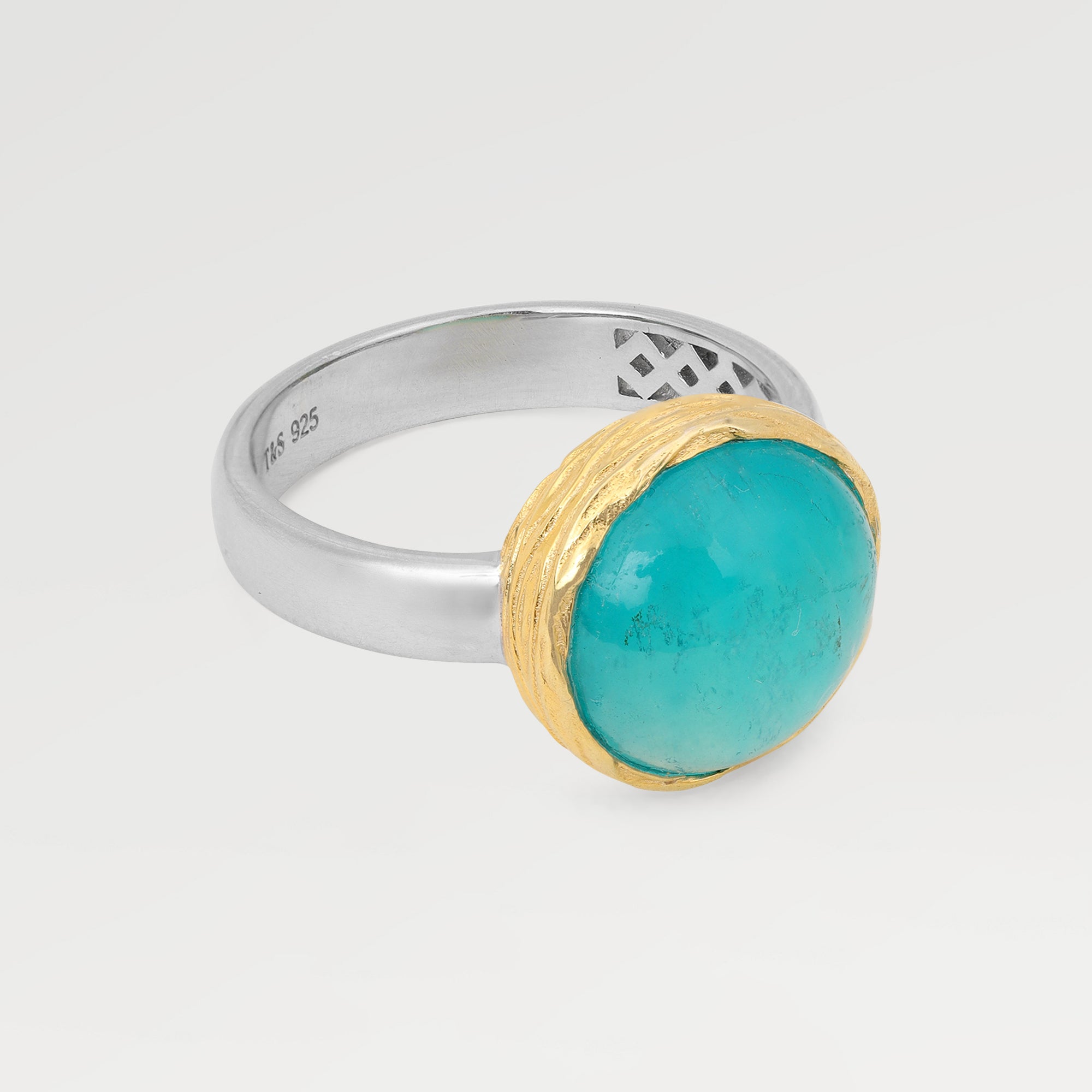 Two Tone Plating- Collet Yellow Gold Plated & Rest Rhodium Bazel Texture Ring with Round Jelly Amazzonite