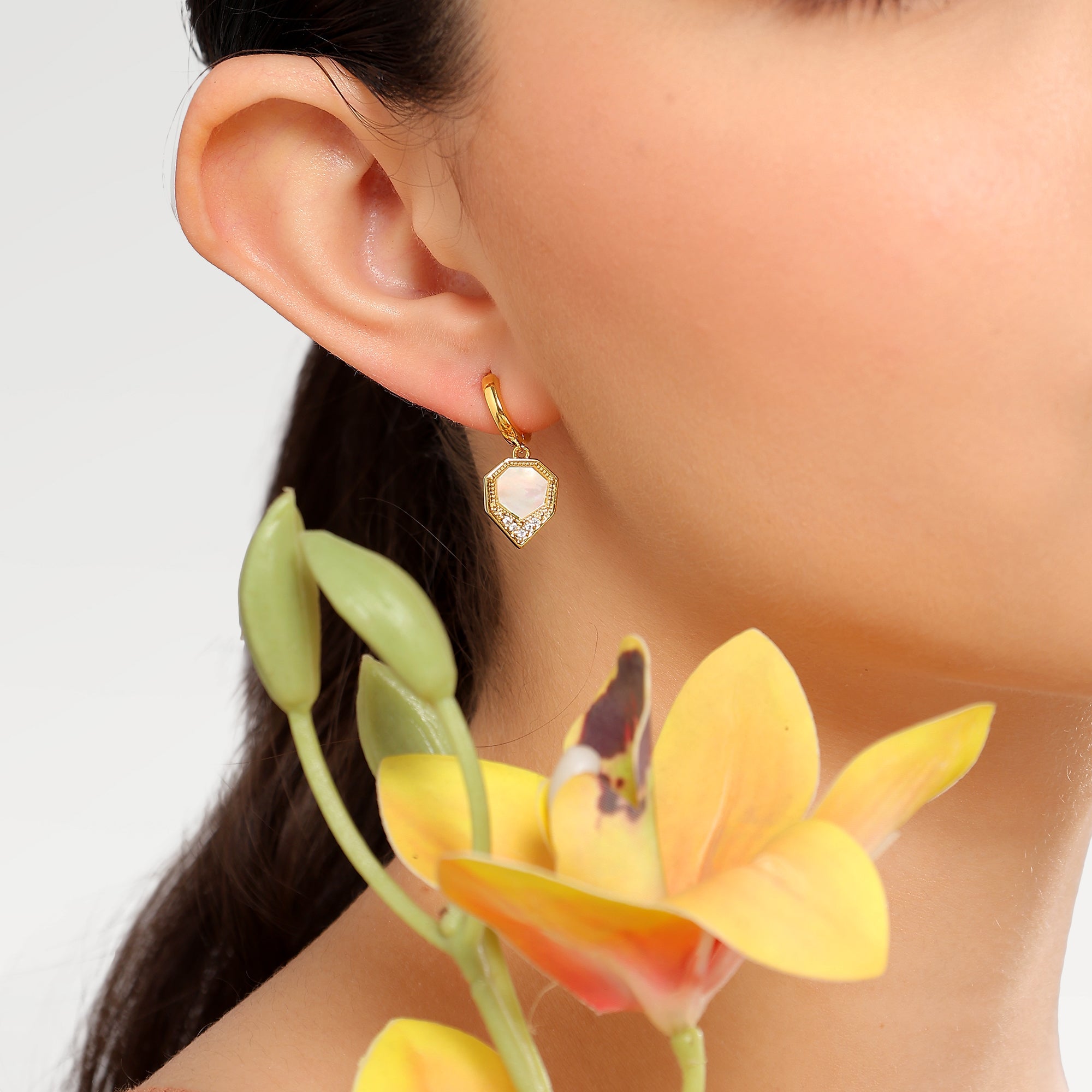 June Pave Shell Zirconia Huggies Earrings
