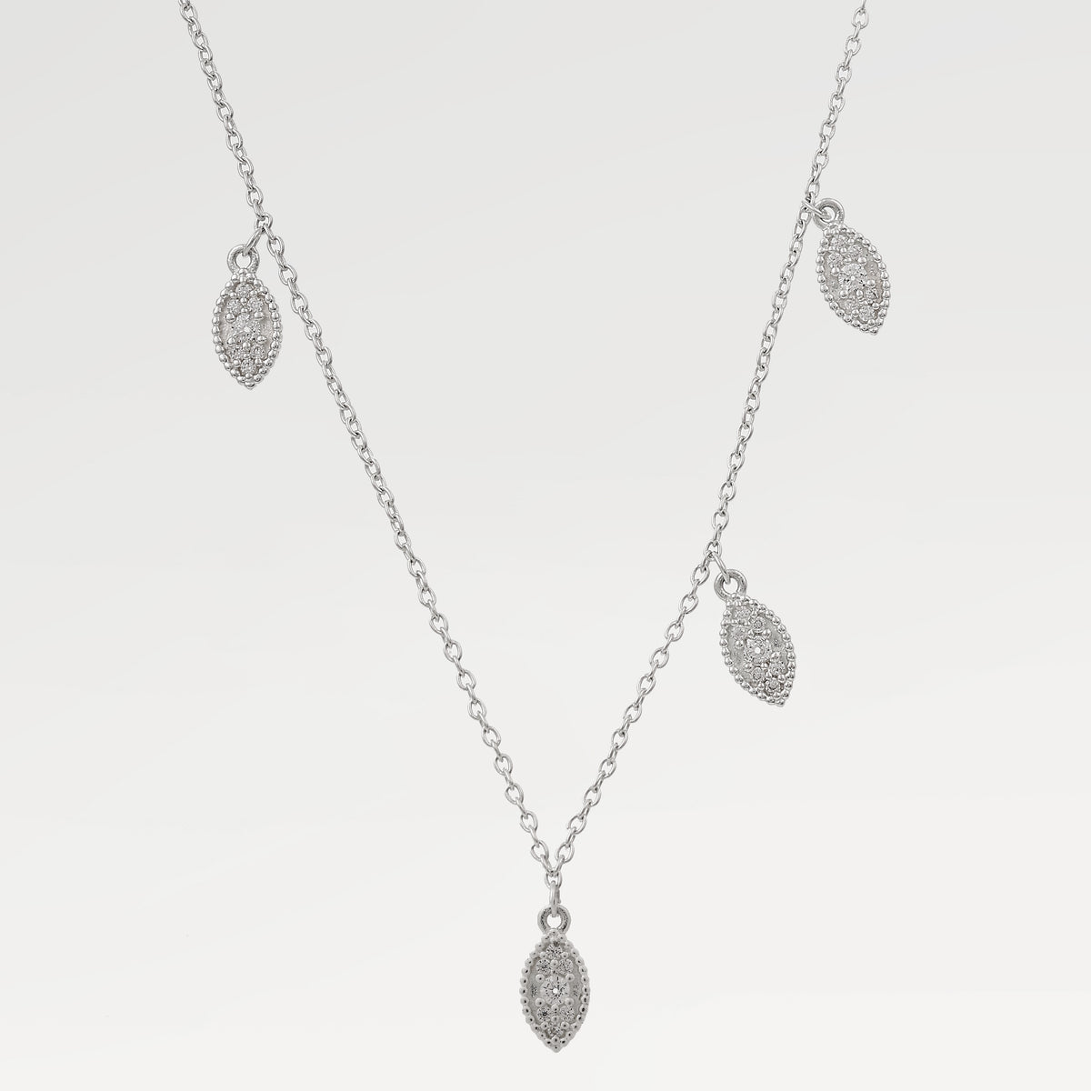 Silver Plated Pave Leaf Charm Necklace with  Round Cut White Cubic Zirconia