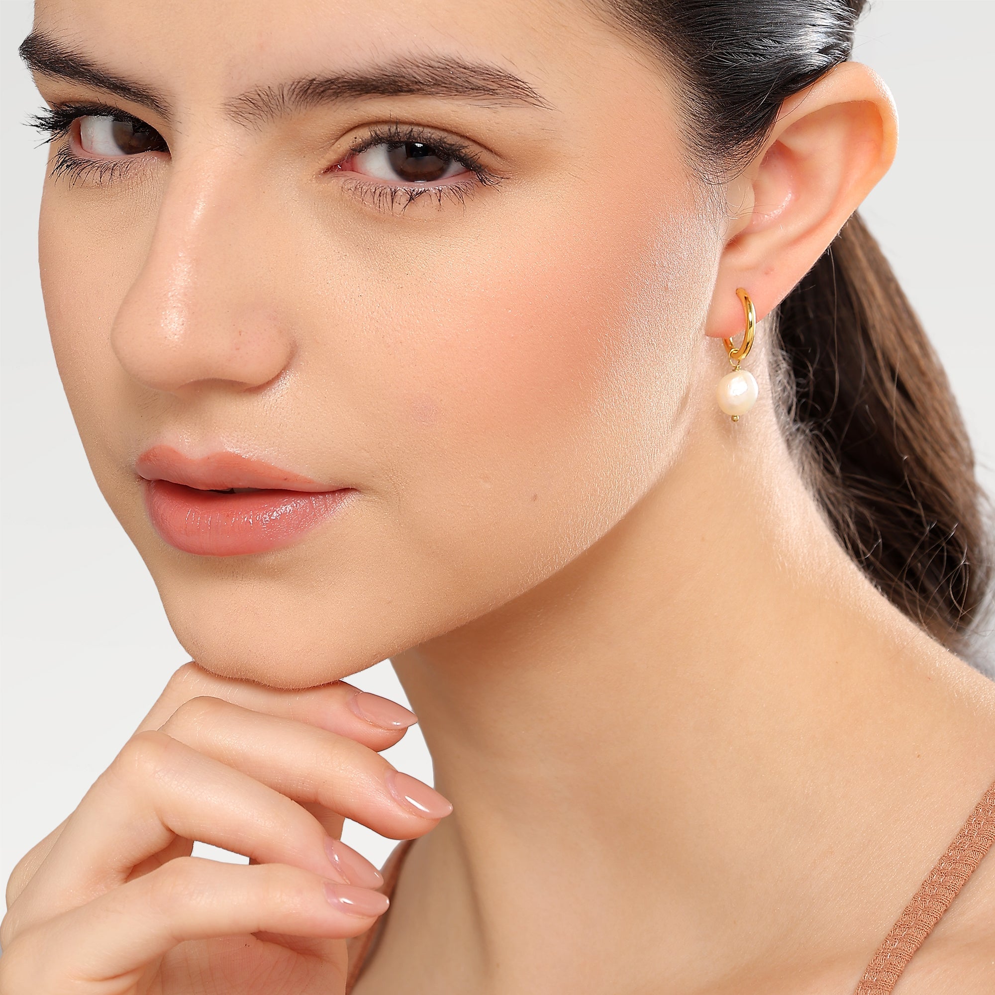 Ava Drop Hoop Earrings with Pearl Beads