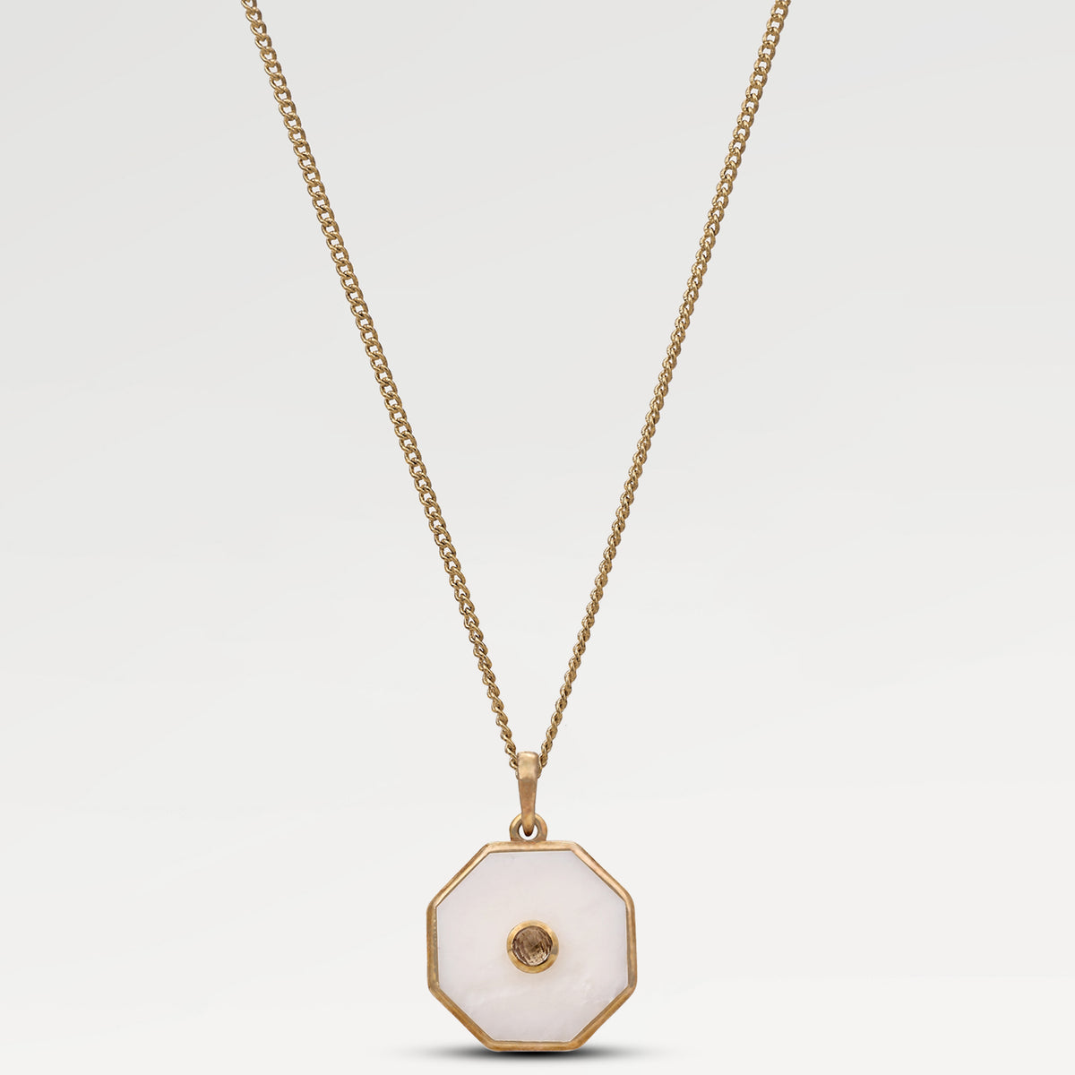 2.5 Micron Yellow Gold Plated Bazel Set Octagon Pendant with  Hexagon Plate Plain Shell &Round One Side Checkerboard Cut White Topaz