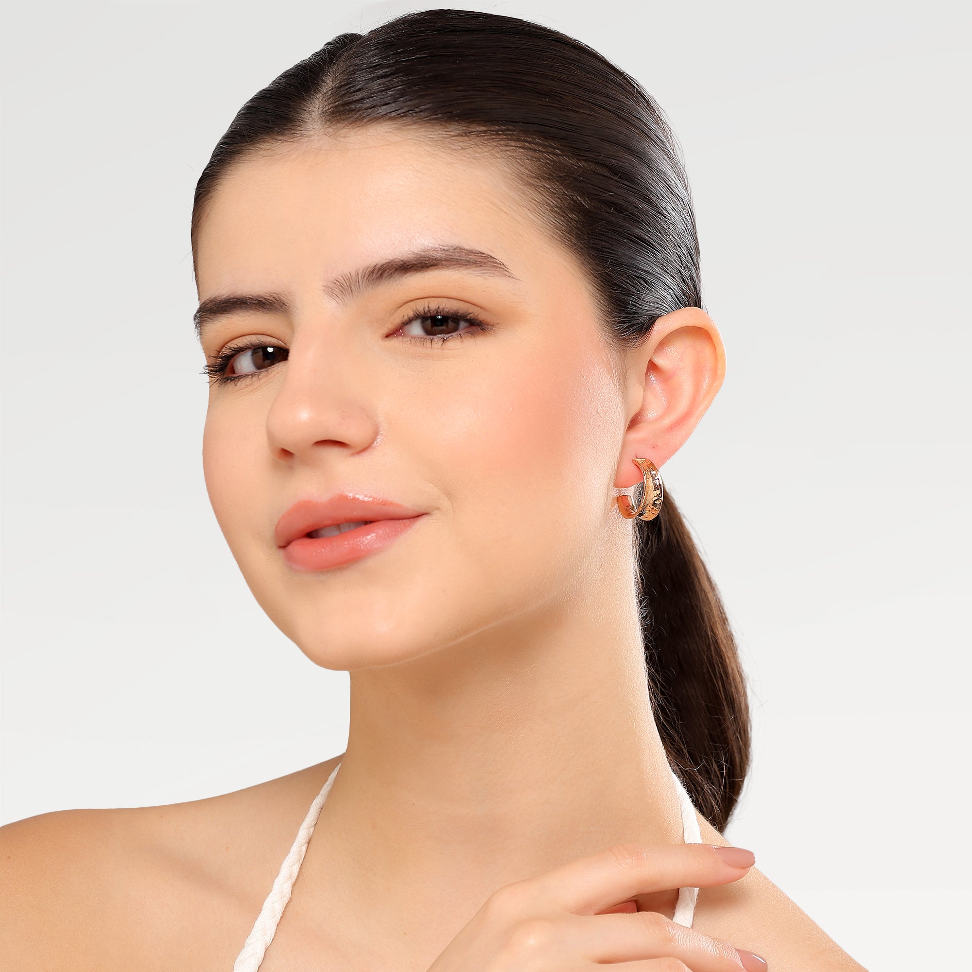 Silver Flash Rose Gold Plated Plain 3/4 Hammered Texture Stud Hoop Earrings