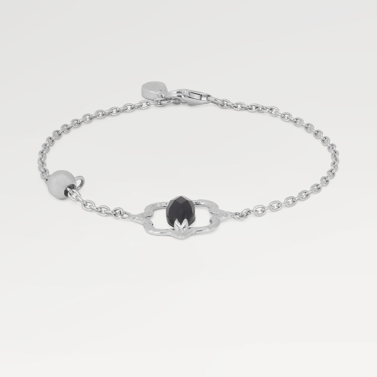 Rhodium Plated Collet Single Stone Bracelets with One Side Checker Cut Marquise Black Obsidian