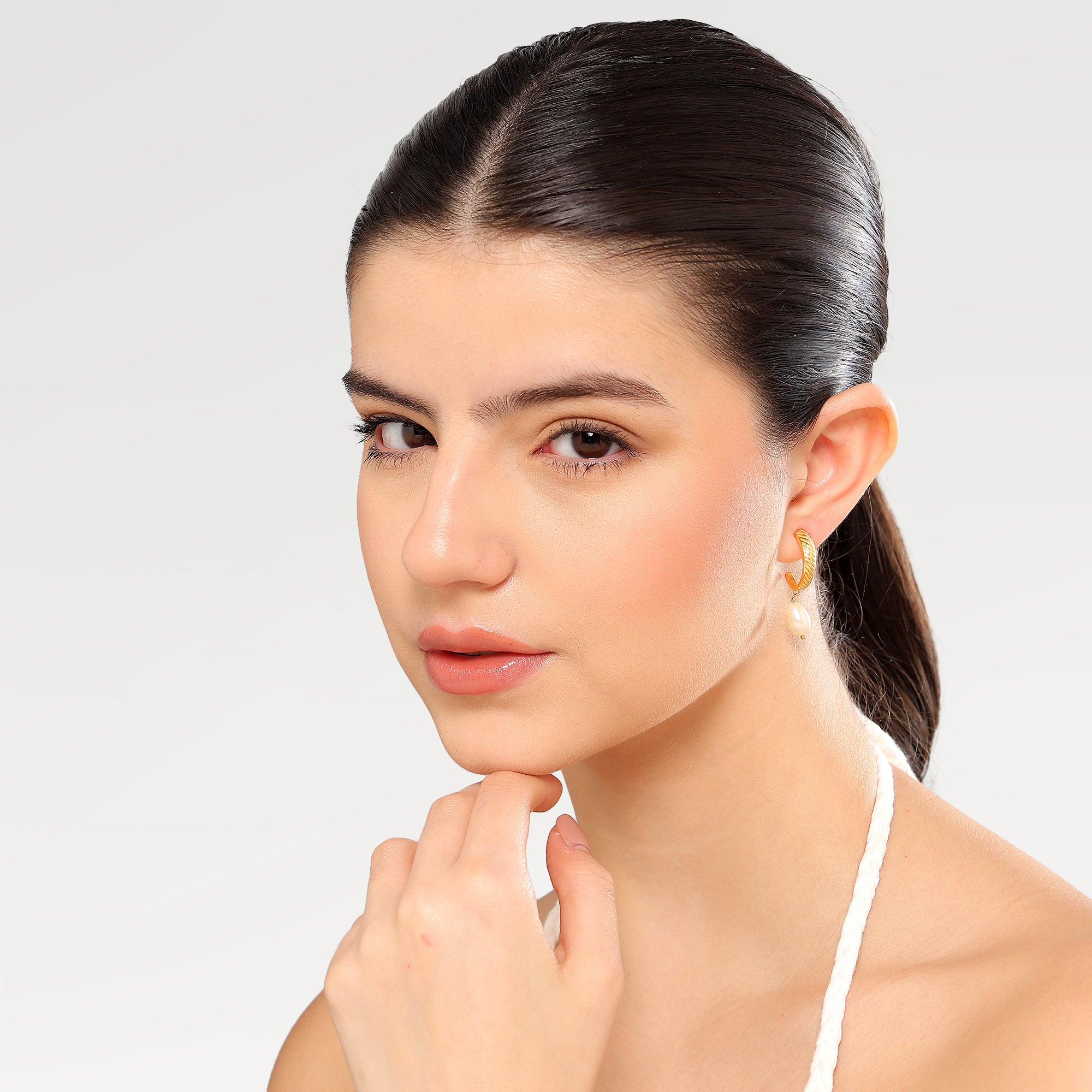 Yellow Gold Plated Drop 3/4 Embosed  Hoop Earring with Drop Syn. White Pearl