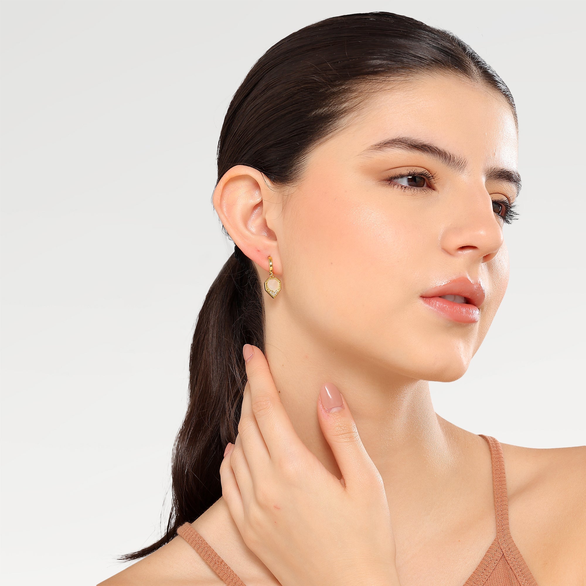 June Pave Shell Zirconia Huggies Earrings