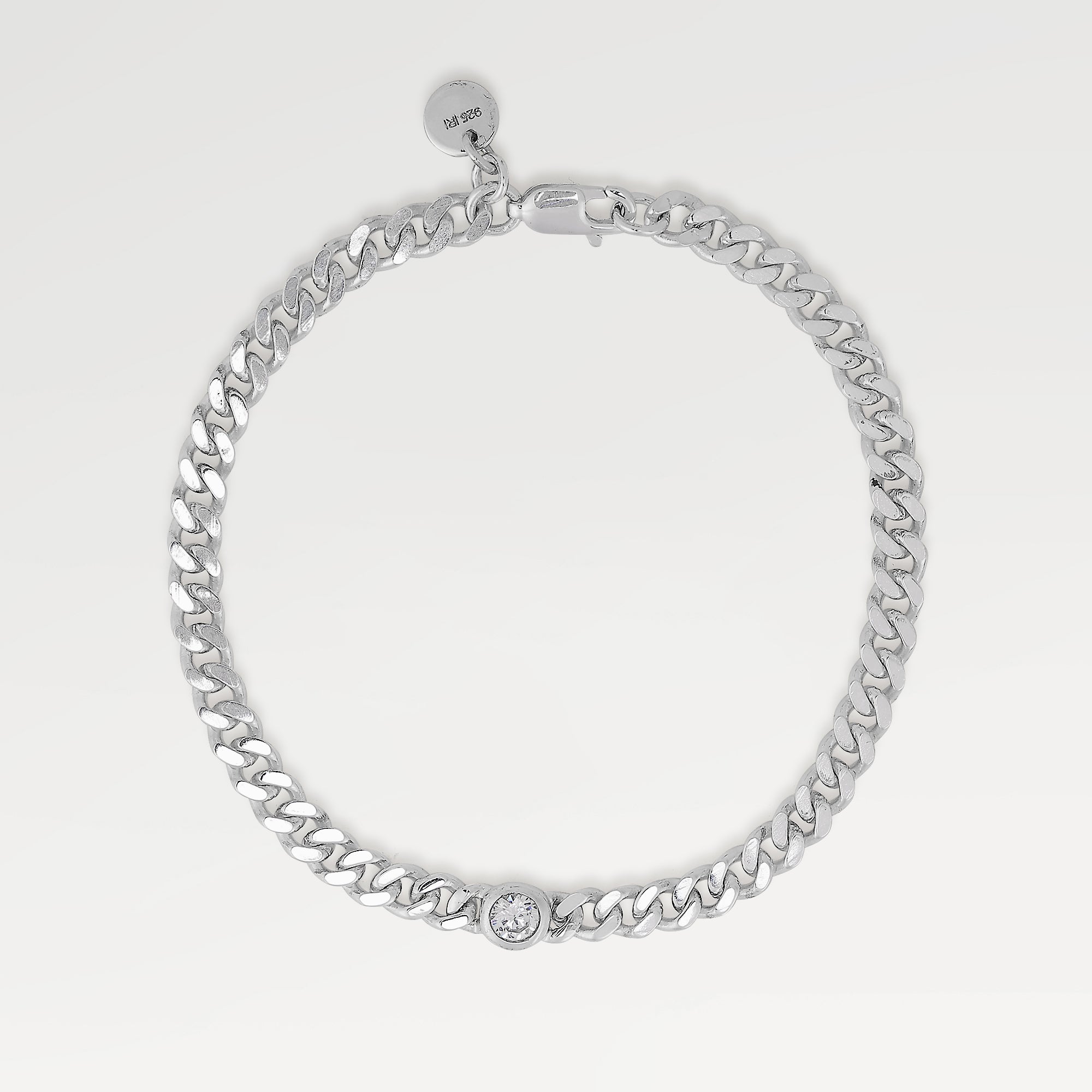 High Polish Bazel Curb Chain Bracelet with Cut Round White Cubic Zirconia
