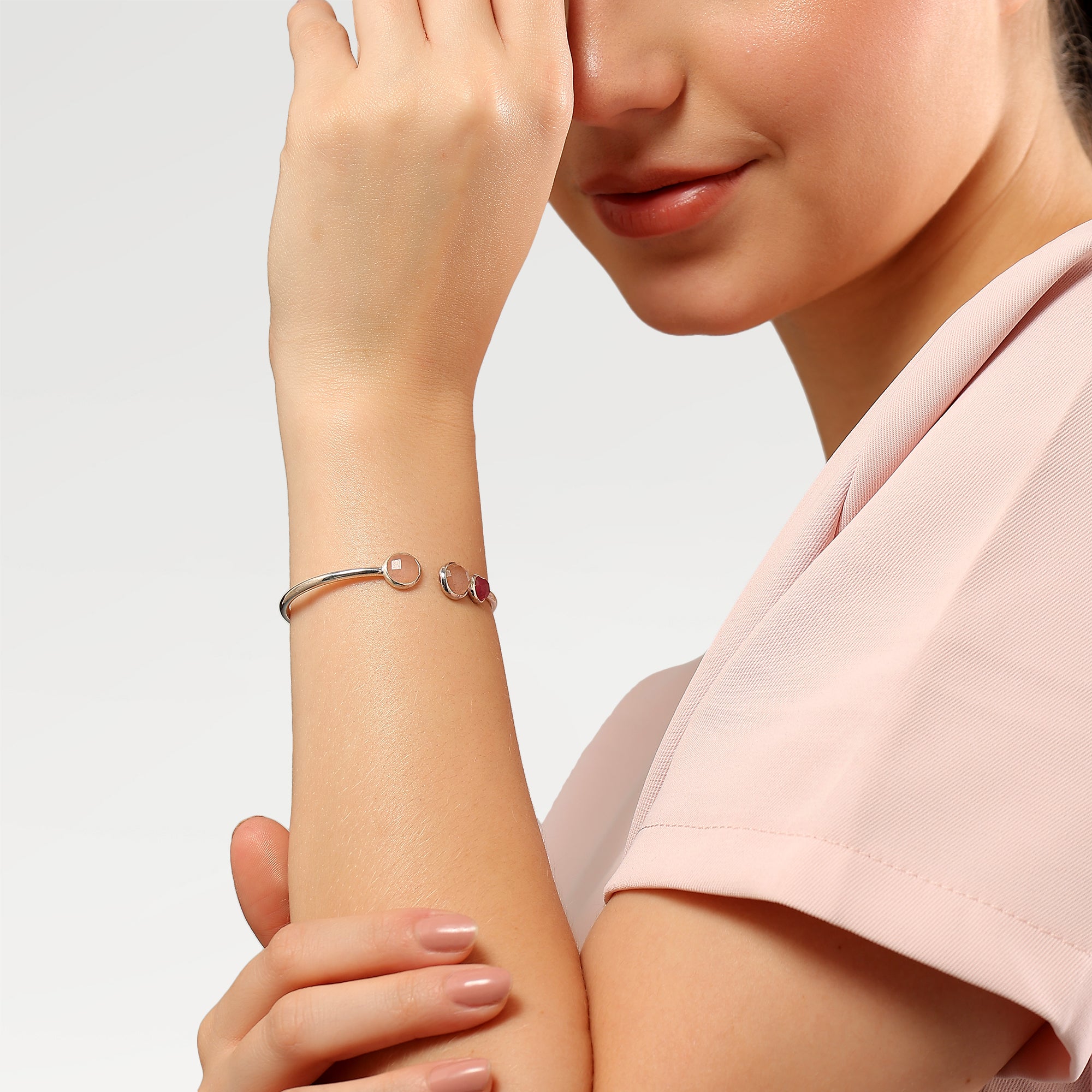 High Polish Bazel Set Cuff Bangles with One Side Checker Cut Round  Rose C. Qtz. Pink C. Qtz.