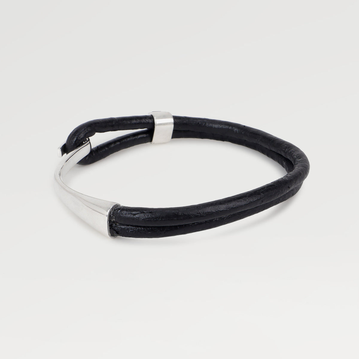 Plated Bazel Set Leather Double Line Bracelet with  Square One Side Checkerboard Cut Hematite