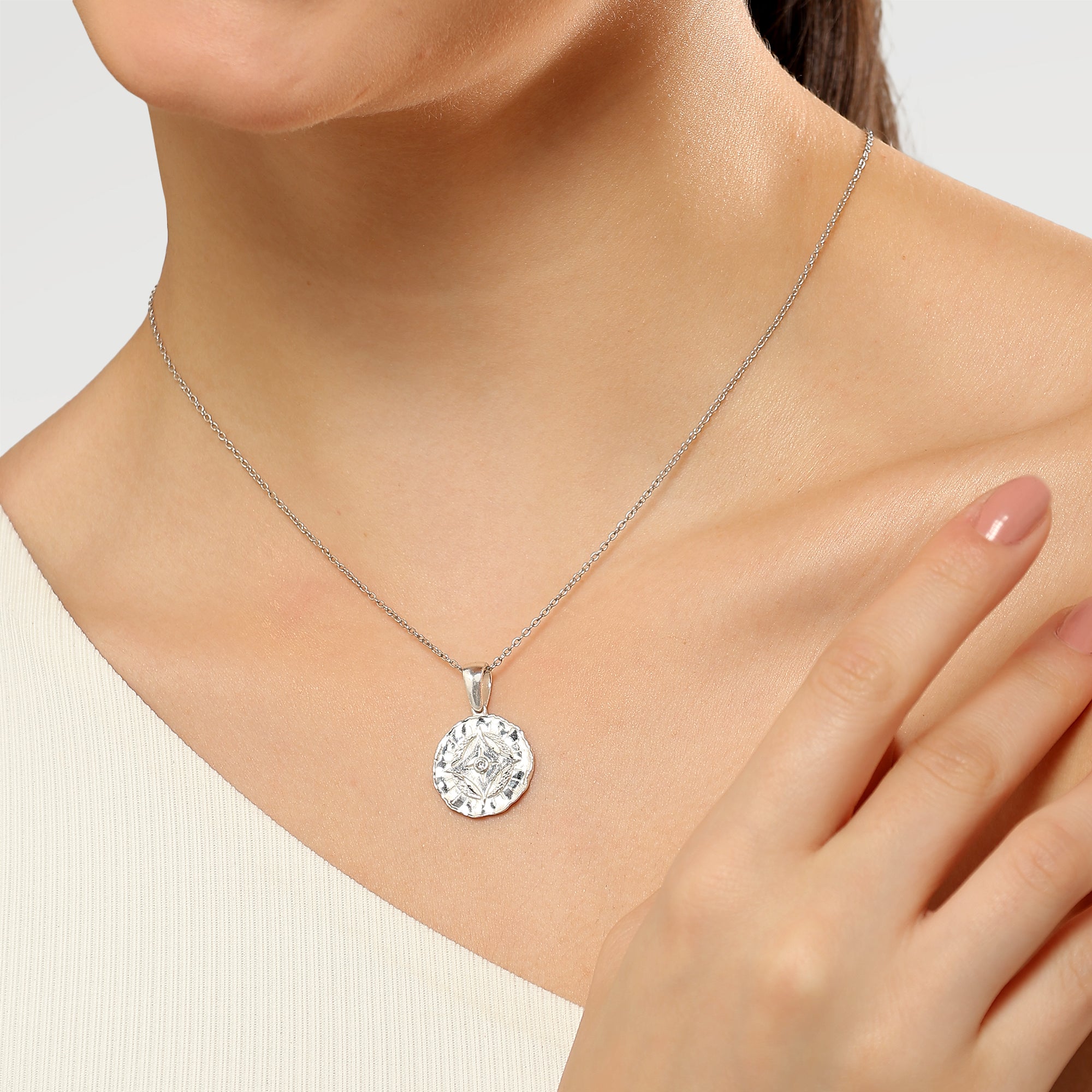 Plated Round Embosed Bazel Pendants with  Round Cut White Cubic Zirconia