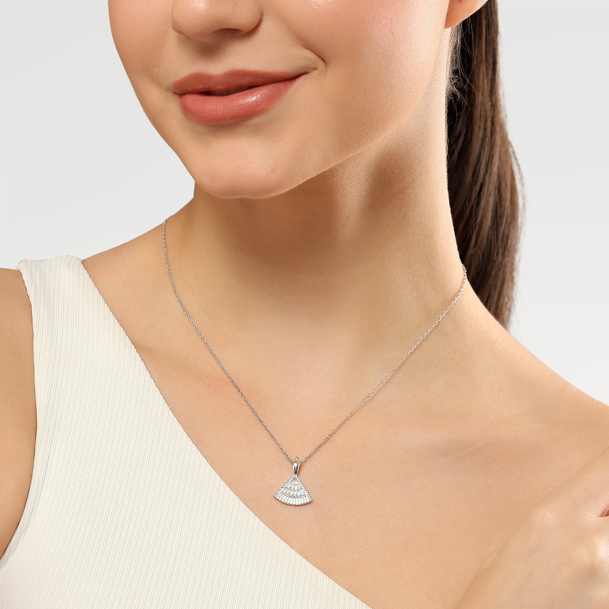 Silver Plated Plain Embosed Pendants with  Kite Cab White Moon Stone & Round Cut White Cubic Zirconia