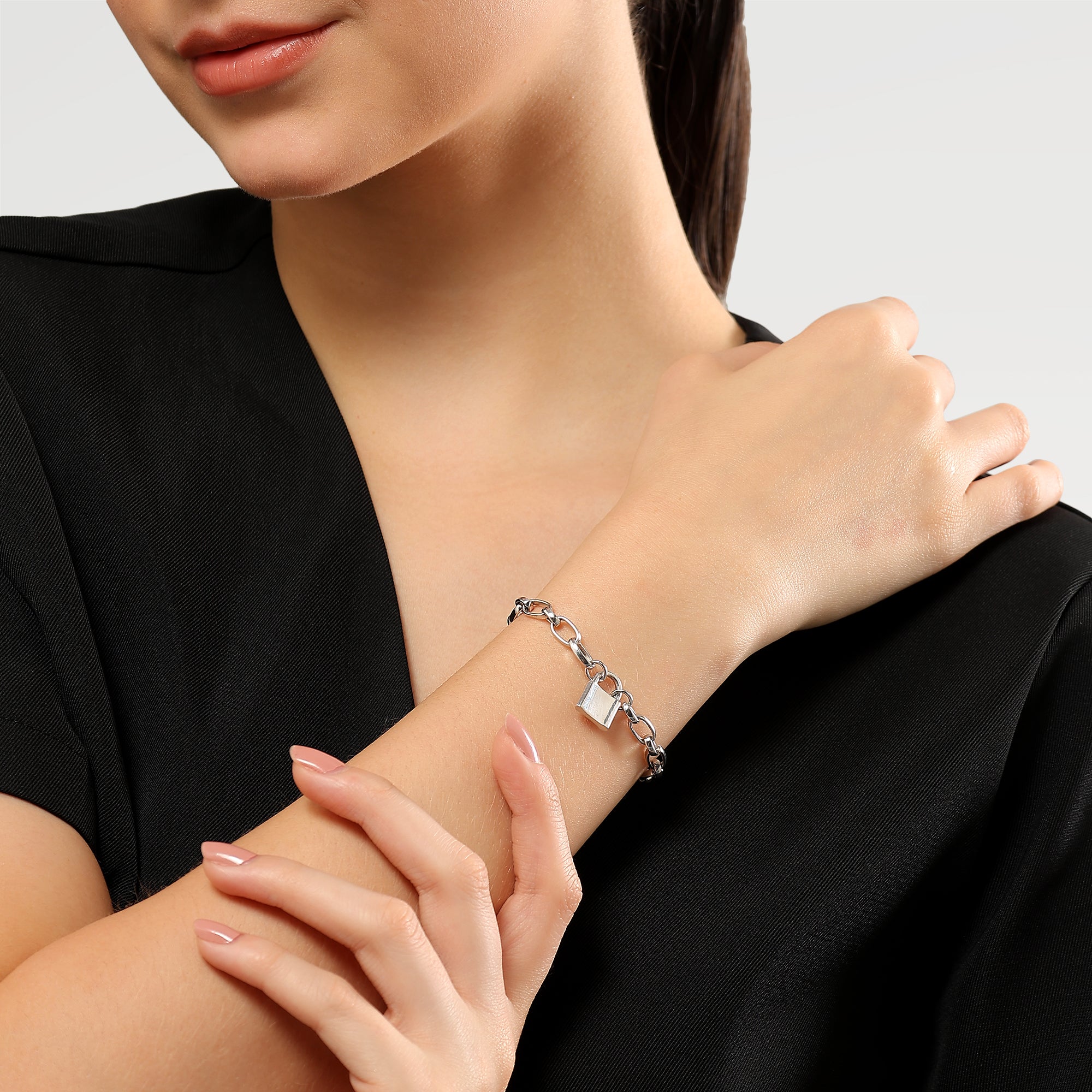 Rhodium Plated Plain Lock Linking Bracelet