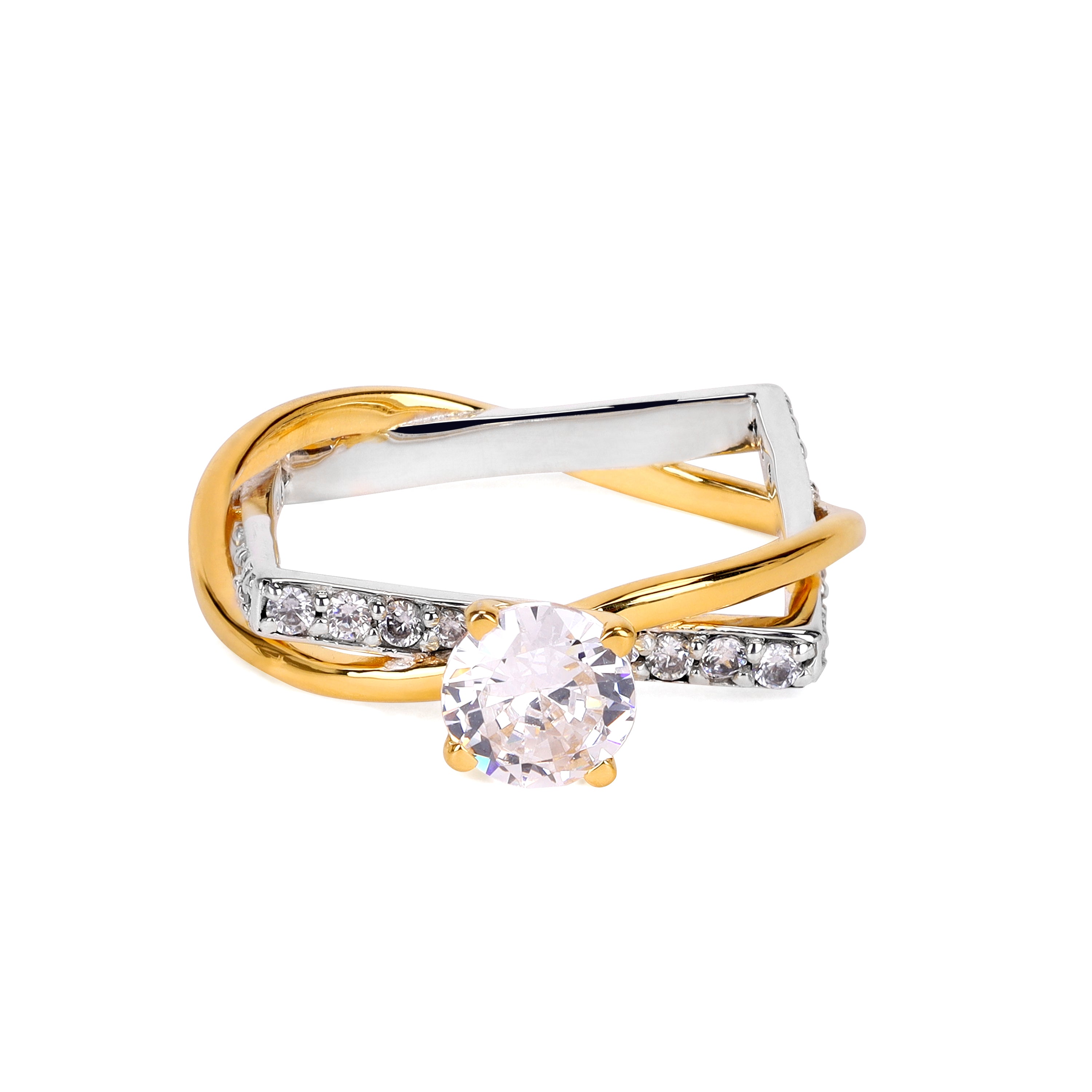 Two-tone gold and silver ring with a central gemstone on a white background