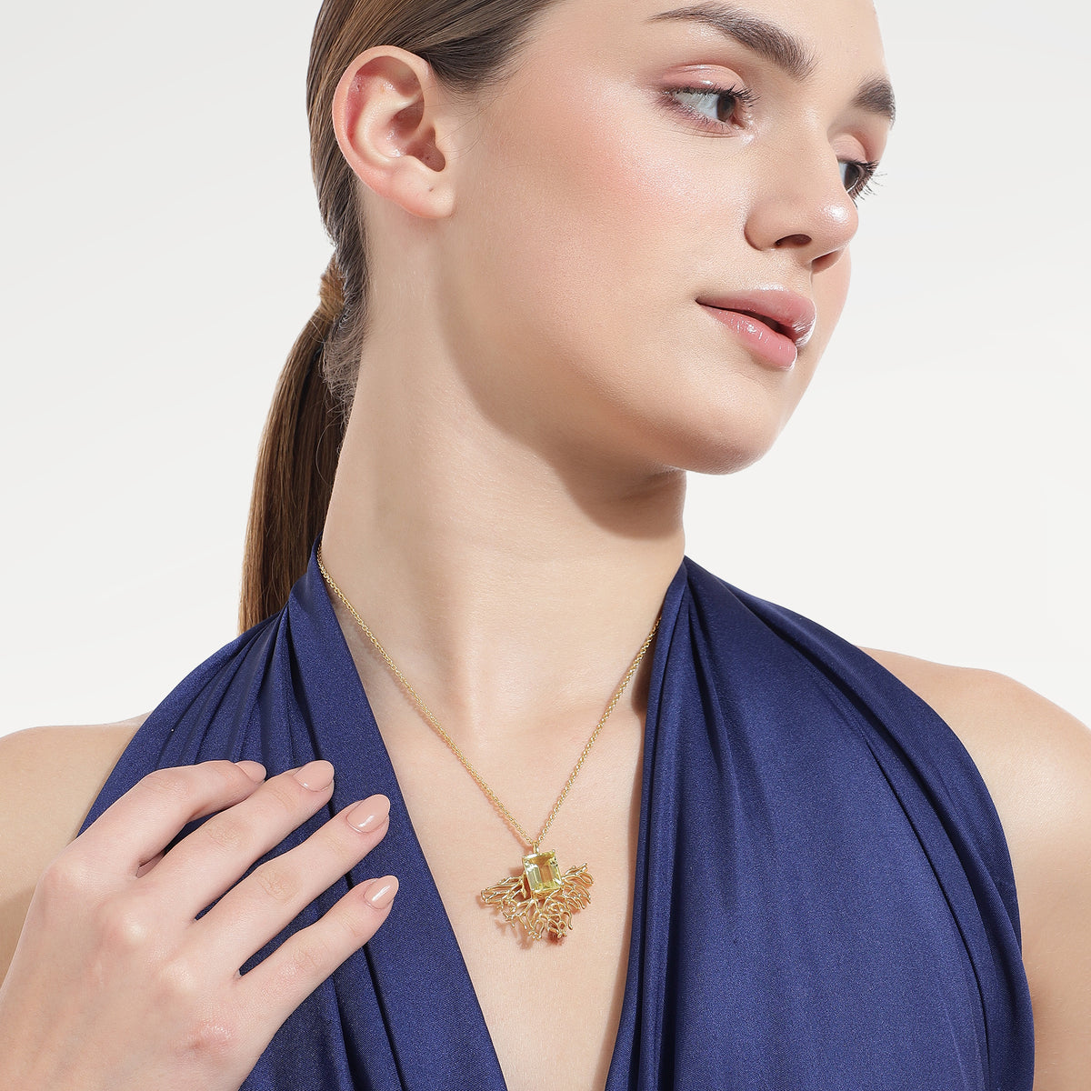 Collier en argent sterling 925 plaqué or jaune avec quartz citron octogonal