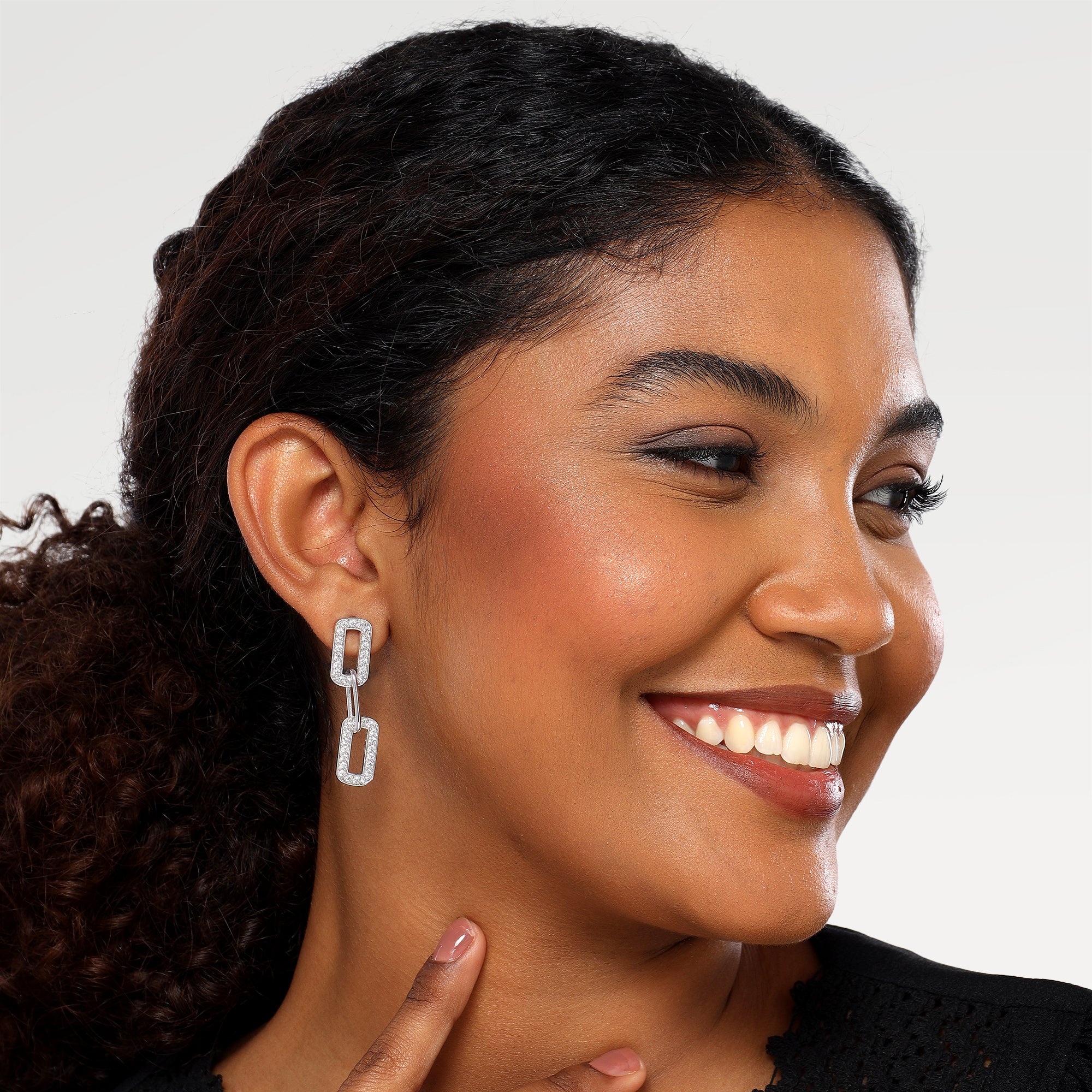 Brass Silver Plated Plain Oval Link Earring with Round White Cubic Zirconia