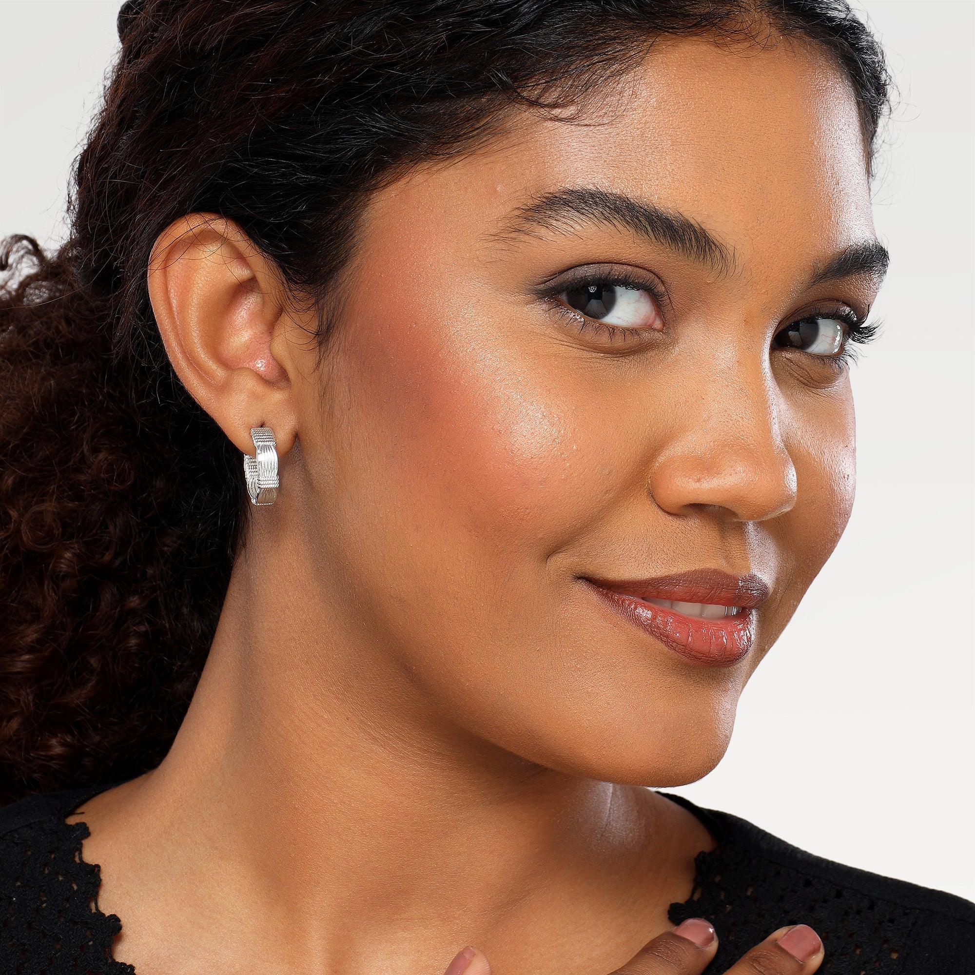 Emma Silver Plated Embossed Stud Hoop Earrings