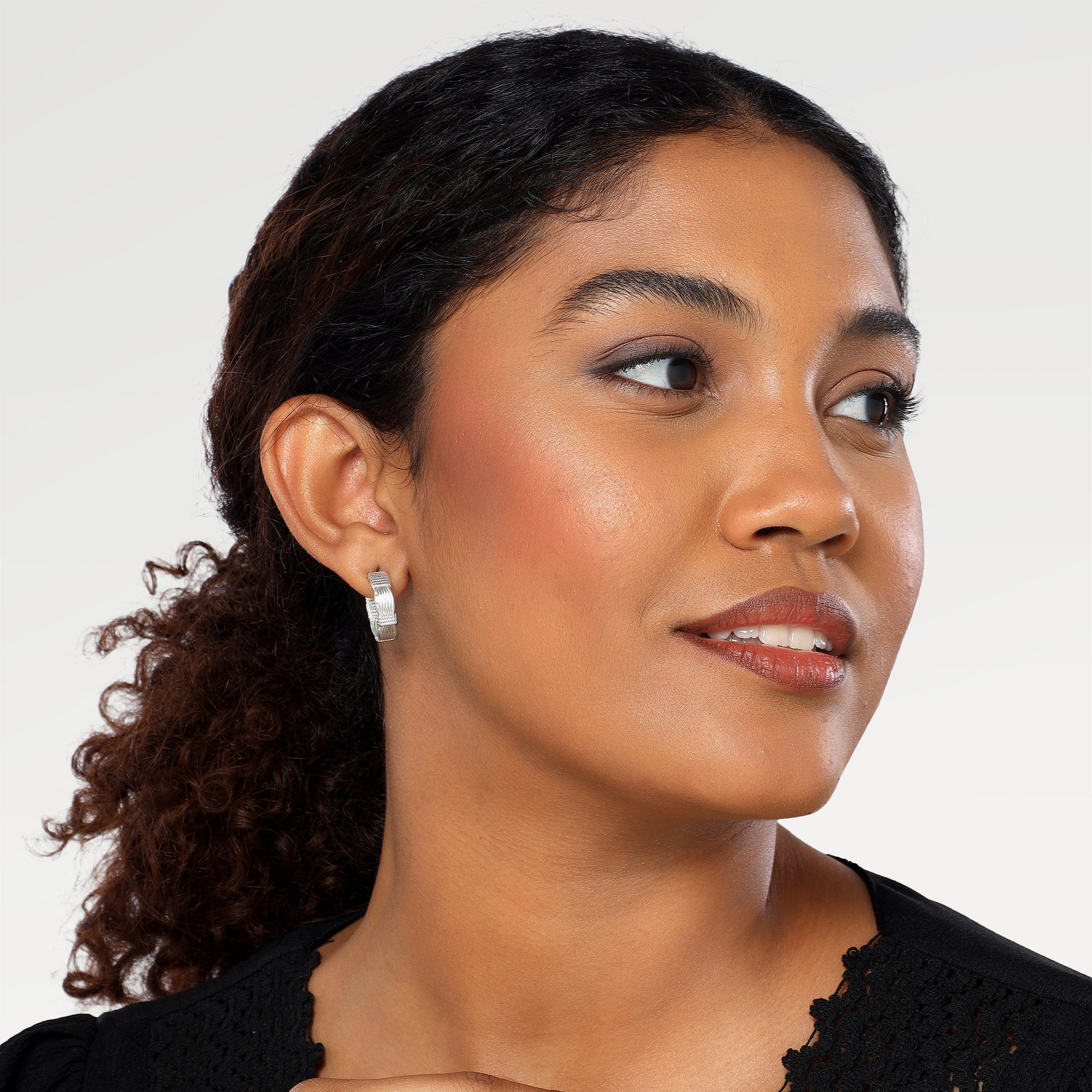 Emma Silver Plated Embossed Stud Hoop Earrings