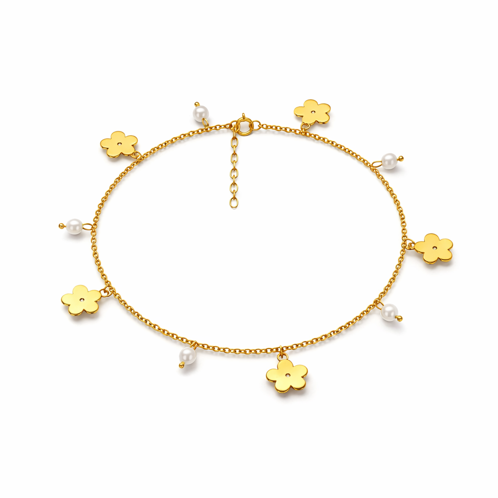 Qemi Silver Floral Pearl Anklet