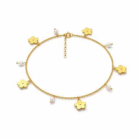 Qemi Silver Floral Pearl Anklet
