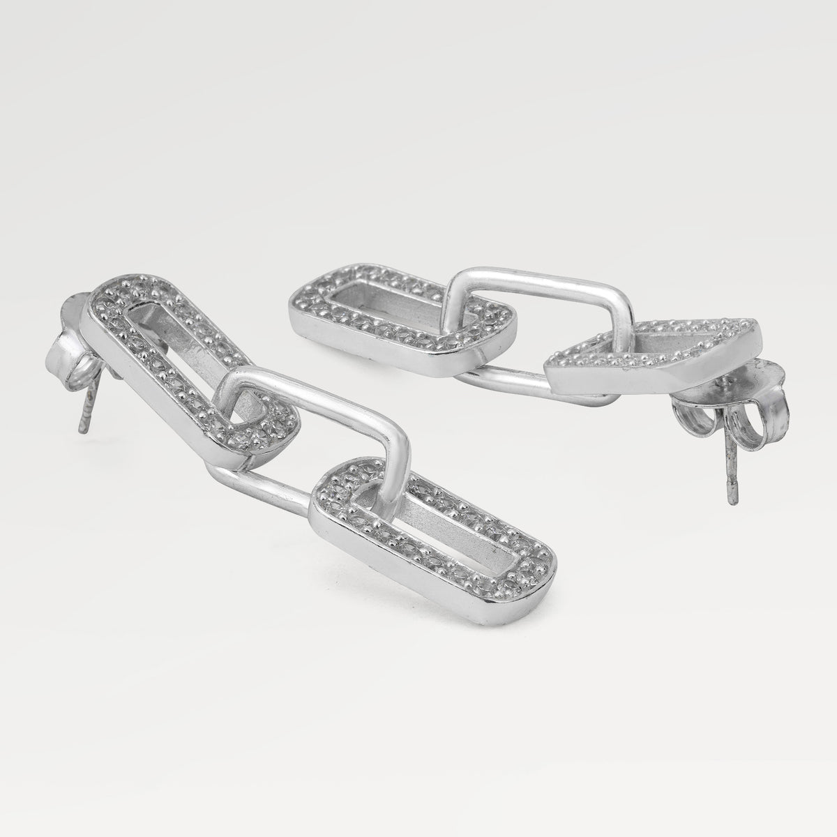 Brass Silver Plated Plain Oval Link Earring with Round White Cubic Zirconia