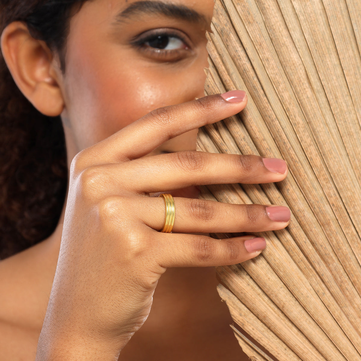 Mia Yellow Gold Plated Three Row Plain Ring
