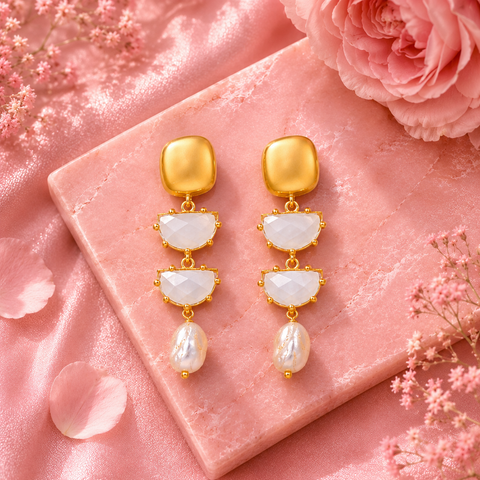 Sia Silver Crystal Pearl Earrings