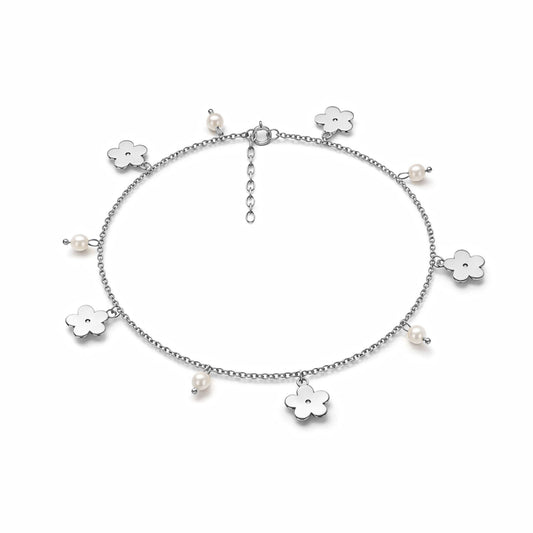 Qemi Silver Floral Pearl Anklet