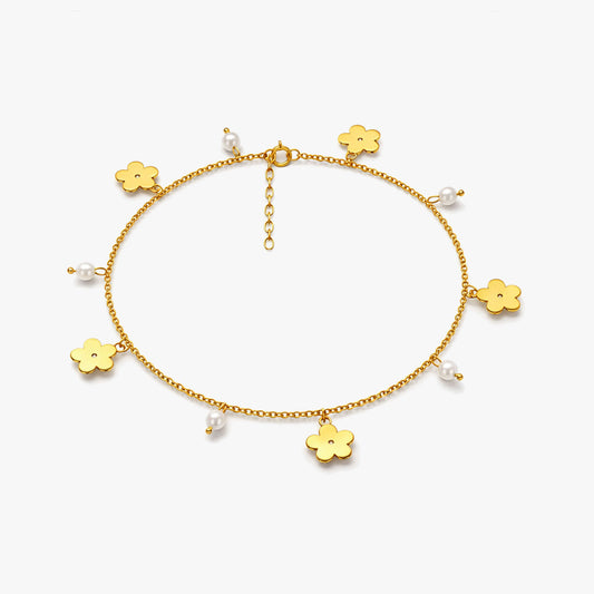 Qemi Silver Floral Pearl Anklet